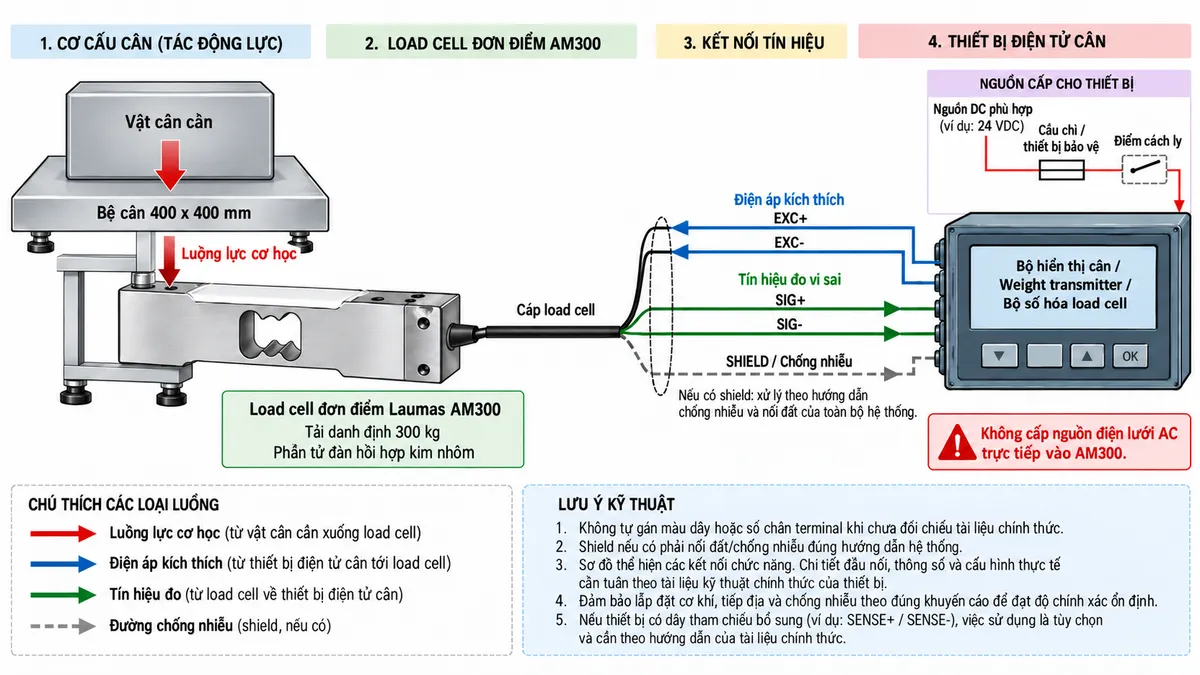 Vẽ sơ đồ đấu dây/kết nối kỹ thuật cho cảm biến load cell đơn điểm Laumas APL100 trên nền trắng, bố cục ngang. Bên trái thể hiện vật cần cân tác động xuống bệ cân 600 x 600 mm; lực truyền tới load cell single-point APL100 tải danh định 100 kg, phần tử đàn hồi bằng hợp kim nhôm ở giữa. Từ APL100 vẽ cáp dài 3 m, đường kính 6 mm, gồm 6 lõi 0,20 mm² và shield sang bộ hiển thị cân, weight transmitter hoặc bộ số hóa load cell tương thích ở bên phải. Thể hiện theo sơ đồ dây dòng APL: +SIGNAL/SIG+ màu xanh lá, +EXCITATION/EXC+ màu đỏ, +REF./SENSE/SENSE+ màu xanh dương, -SIGNAL/SIG- màu trắng, -EXCITATION/EXC- màu đen, -REF./SENSE/SENSE- màu vàng và SHIELD. Vẽ EXC+/EXC- theo chiều từ thiết bị điện tử cân tới load cell để cấp điện áp kích thích; SIG+/SIG- theo chiều từ load cell về thiết bị xử lý để truyền tín hiệu vi sai mV/V; SENSE+/SENSE- hồi tiếp điện áp kích thích về thiết bị đọc. Vẽ riêng nguồn cấp phù hợp cho bộ hiển thị hoặc transmitter đi qua cầu chì hoặc thiết bị bảo vệ và điểm cách ly trước khi vào thiết bị. Ghi rõ không cấp nguồn điện lưới AC trực tiếp vào APL100; không tự gán số chân terminal mà phải đối chiếu manual của đúng thiết bị đọc cân; shield phải được xử lý theo hướng dẫn chống nhiễu và nối đất của toàn bộ hệ thống. Dùng mũi tên và chú thích tiếng Việt để phân biệt luồng lực cơ học, điện áp kích thích, tín hiệu đo, hồi tiếp sense và shield.
