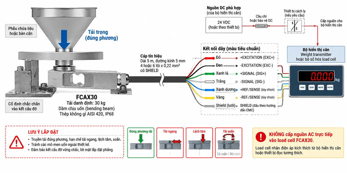 Vẽ sơ đồ nguyên lý hoạt động dạng khối cho Laumas FTH10000 trên nền trắng, bố cục ngang. Luồng chính gồm: Tải trọng cơ học → Bộ gá hoặc điểm truyền lực → Thân shear beam FTH10000 bằng thép AISI 4340 mạ niken → Biến dạng đàn hồi tại vùng chịu cắt → Strain gauge thay đổi điện trở → Cầu Wheatstone → Tín hiệu analog vi sai mV/V → Khuếch đại và lọc tín hiệu → Chuyển đổi A/D → Hiệu chuẩn, Zero, Tare, lọc và tính toán trọng lượng → Bộ hiển thị cân hoặc Weight transmitter → PLC/HMI/SCADA nếu hệ thống yêu cầu. Vẽ EXC+/EXC- từ thiết bị điện tử cân cấp điện áp kích thích tới cầu Wheatstone, SIG+/SIG- truyền tín hiệu vi sai trở về và REF./SENSE+/REF./SENSE- hồi tiếp điện áp kích thích về thiết bị đọc. Thể hiện SHIELD đi cùng cáp tín hiệu và đấu theo hướng dẫn EMC. Thêm khối nhận diện gồm FTH10000, shear beam, tải danh định 10.000 kg, thép AISI 4340 mạ niken, sai số tổng hợp tối đa ±0,1%, tín hiệu đầu ra danh định 1 mV/V ±0,5% và IP68. Ghi chú cảm biến là phần tử thụ động, nhận điện áp kích thích từ thiết bị điện tử cân và tuyệt đối không cấp nguồn AC trực tiếp vào FTH10000.