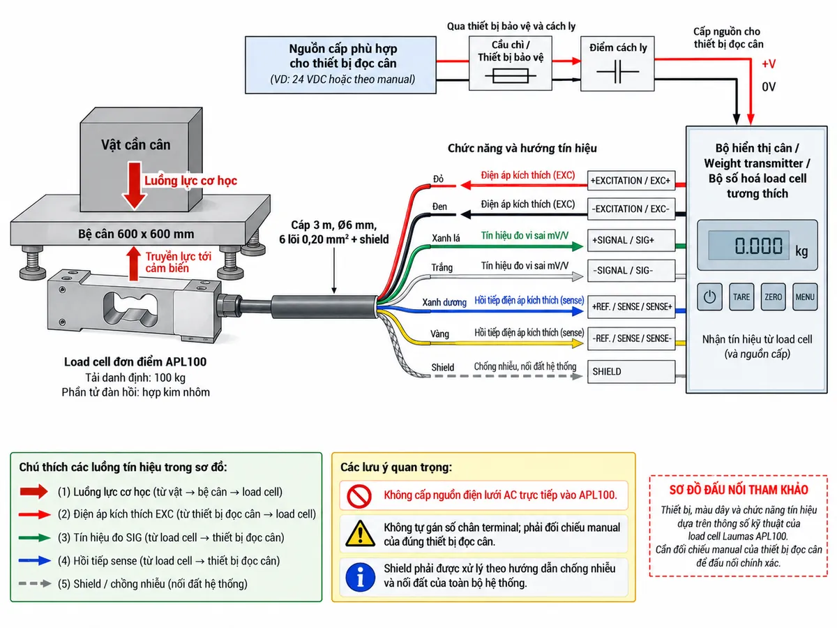 Vẽ sơ đồ nguyên lý hoạt động dạng khối cho Laumas APL100 trên nền trắng, bố cục ngang. Bắt đầu từ vật cần cân hoặc tải trọng cơ học tác động xuống bệ cân 600 x 600 mm; lực truyền tới load cell single-point APL100 tải danh định 100 kg. Bên trong cảm biến thể hiện phần tử đàn hồi bằng hợp kim nhôm và bốn strain gauge mắc thành cầu Wheatstone. Từ bộ hiển thị cân hoặc weight transmitter vẽ nhánh EXC+/EXC- cấp điện áp kích thích vào cầu đo và nhánh SENSE+/SENSE- hồi tiếp điện áp kích thích thực tế về thiết bị đọc. Khi tải tác động, phần tử đàn hồi biến dạng làm điện trở strain gauge thay đổi và tạo tín hiệu vi sai SIG+/SIG- dạng mV/V. Tín hiệu tiếp tục qua khối khuếch đại và lọc, chuyển đổi A/D, hiệu chuẩn, Zero/Tare, tính toán trọng lượng rồi tới màn hình hiển thị. Nếu thiết bị điện tử cân hỗ trợ giao tiếp công nghiệp thì thêm nhánh dữ liệu số sau xử lý tới PLC/HMI/SCADA. Dùng mũi tên và chú thích tiếng Việt để phân biệt rõ luồng lực cơ học, điện áp kích thích, hồi tiếp sense, tín hiệu đo mV/V và dữ liệu số sau xử lý.