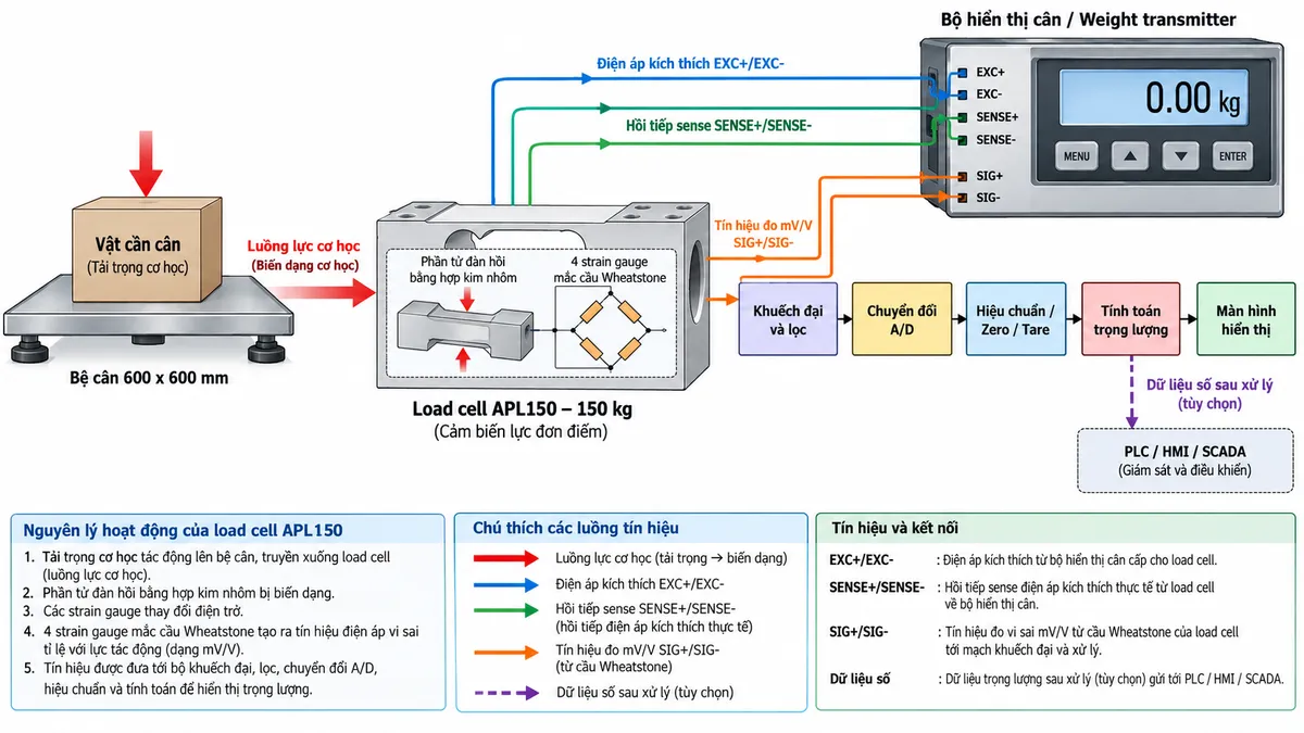 Vẽ sơ đồ nguyên lý hoạt động dạng khối cho Laumas APL150 trên nền trắng, bố cục ngang. Bắt đầu từ vật cần cân hoặc tải trọng cơ học tác động xuống bệ cân 600 x 600 mm; lực truyền tới load cell single-point APL150 tải danh định 150 kg. Bên trong cảm biến thể hiện phần tử đàn hồi bằng hợp kim nhôm và bốn strain gauge mắc thành cầu Wheatstone. Từ bộ hiển thị cân hoặc weight transmitter vẽ EXC+/EXC- cấp điện áp kích thích vào cầu đo và SENSE+/SENSE- hồi tiếp điện áp kích thích thực tế về thiết bị đọc. Khi tải tác động, phần tử đàn hồi biến dạng làm điện trở strain gauge thay đổi và tạo tín hiệu vi sai SIG+/SIG- dạng mV/V. Tín hiệu tiếp tục qua các khối khuếch đại và lọc, chuyển đổi A/D, hiệu chuẩn, Zero/Tare, tính toán trọng lượng rồi tới màn hình hiển thị. Nếu bộ điện tử cân hỗ trợ giao tiếp công nghiệp thì thêm nhánh dữ liệu số sau xử lý tới PLC/HMI/SCADA. Phân biệt rõ bằng mũi tên và chú thích tiếng Việt cho luồng lực cơ học, điện áp kích thích, hồi tiếp sense, tín hiệu đo mV/V và dữ liệu số sau xử lý.