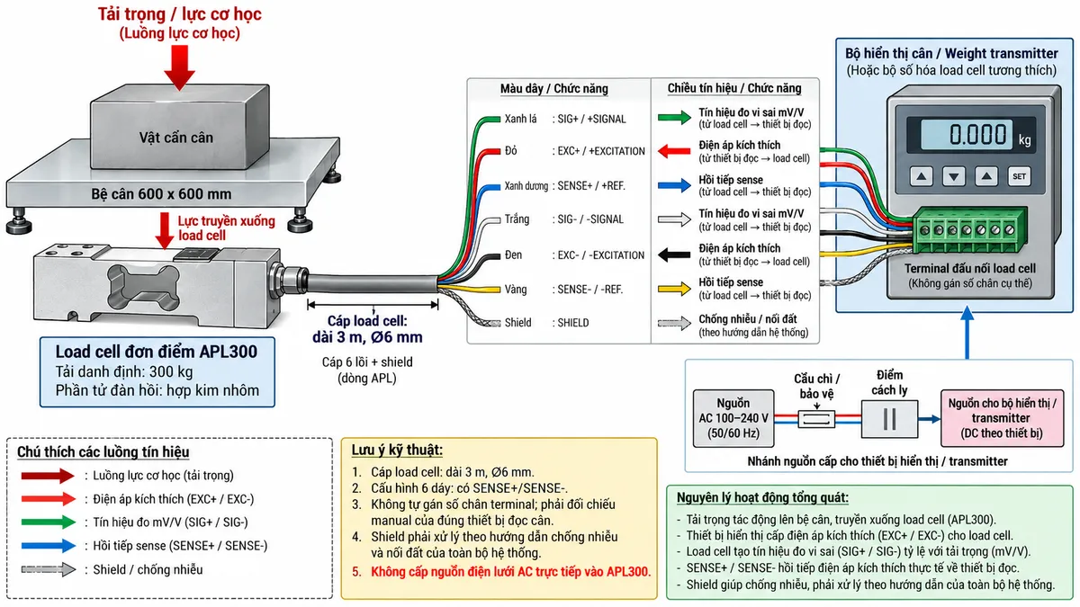 Vẽ sơ đồ nguyên lý hoạt động dạng khối cho Laumas APL300 trên nền trắng, bố cục ngang. Bắt đầu từ vật cần cân hoặc tải trọng cơ học tác động xuống bệ cân 600 x 600 mm; lực truyền tới load cell single-point APL300 tải danh định 300 kg. Bên trong cảm biến thể hiện phần tử đàn hồi bằng hợp kim nhôm và bốn strain gauge mắc thành cầu Wheatstone. Từ bộ hiển thị cân hoặc weight transmitter vẽ EXC+/EXC- cấp điện áp kích thích vào cầu đo và SENSE+/SENSE- hồi tiếp điện áp kích thích thực tế về thiết bị đọc đối với cấu hình tương thích. Khi tải tác động, phần tử đàn hồi biến dạng làm điện trở strain gauge thay đổi và tạo tín hiệu vi sai SIG+/SIG- dạng mV/V. Tín hiệu tiếp tục qua các khối khuếch đại và lọc, chuyển đổi A/D, hiệu chuẩn, Zero/Tare, tính toán trọng lượng rồi tới màn hình hiển thị. Nếu bộ điện tử cân hỗ trợ giao tiếp công nghiệp thì thêm nhánh dữ liệu số sau xử lý tới PLC/HMI/SCADA. Phân biệt rõ bằng mũi tên và chú thích tiếng Việt cho luồng lực cơ học, điện áp kích thích, hồi tiếp sense, tín hiệu đo mV/V và dữ liệu số sau xử lý.