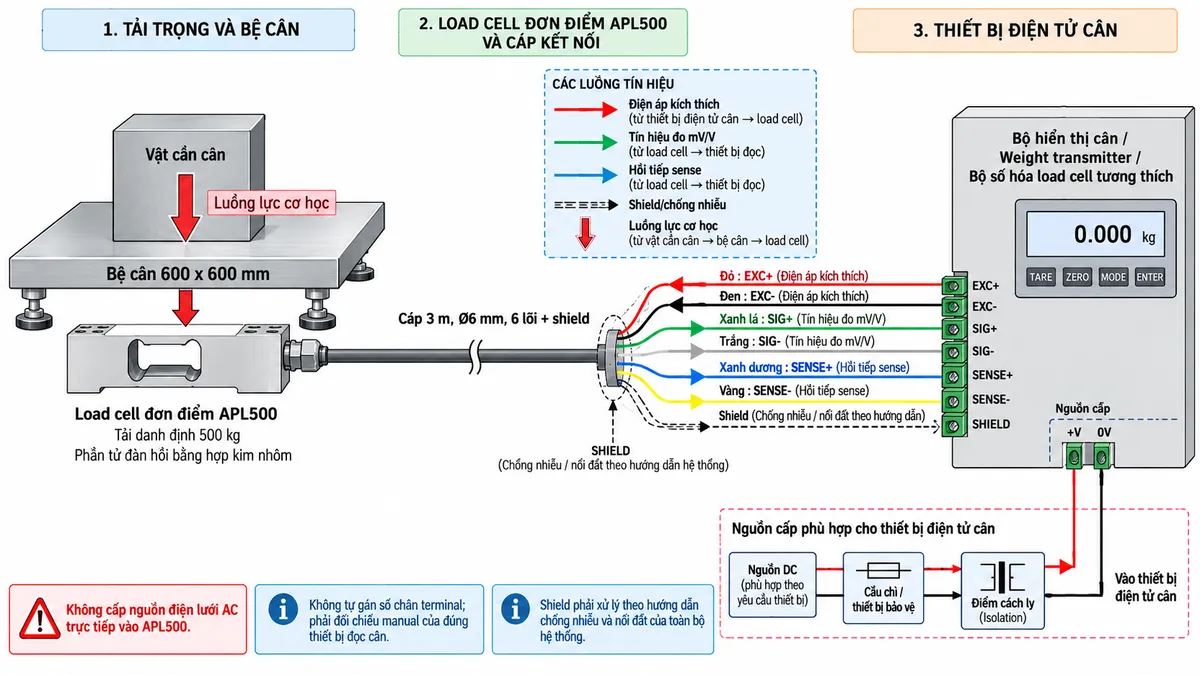 Vẽ sơ đồ đấu dây/kết nối kỹ thuật cho cảm biến load cell đơn điểm Laumas APL500 trên nền trắng, bố cục ngang. Bên trái thể hiện vật cần cân tác động xuống bệ cân 600 x 600 mm; lực truyền tới load cell single-point APL500 tải danh định 500 kg, phần tử đàn hồi bằng hợp kim nhôm ở giữa. Từ APL500 vẽ cáp dài 3 m, đường kính 6 mm, cấu hình 6 lõi và shield sang bộ hiển thị cân, weight transmitter hoặc bộ số hóa load cell tương thích ở bên phải. Thể hiện theo sơ đồ dây dòng APL: +SIGNAL/SIG+ màu xanh lá, +EXCITATION/EXC+ màu đỏ, +REF./SENSE/SENSE+ màu xanh dương, -SIGNAL/SIG- màu trắng, -EXCITATION/EXC- màu đen, -REF./SENSE/SENSE- màu vàng và SHIELD. Vẽ EXC+/EXC- theo chiều từ thiết bị điện tử cân tới load cell để cấp điện áp kích thích; SIG+/SIG- theo chiều từ load cell về thiết bị xử lý để truyền tín hiệu vi sai mV/V; SENSE+/SENSE- theo chiều hồi tiếp điện áp kích thích thực tế về thiết bị đọc. Vẽ riêng nguồn cấp phù hợp cho bộ hiển thị hoặc transmitter đi qua cầu chì hoặc thiết bị bảo vệ và điểm cách ly trước khi vào thiết bị. Ghi rõ không cấp nguồn điện lưới AC trực tiếp vào APL500; không tự gán số chân terminal mà phải đối chiếu manual của đúng thiết bị đọc cân; shield phải xử lý theo hướng dẫn chống nhiễu và nối đất của toàn bộ hệ thống. Dùng mũi tên và chú thích tiếng Việt để phân biệt luồng lực cơ học, điện áp kích thích, tín hiệu đo, hồi tiếp sense và shield.