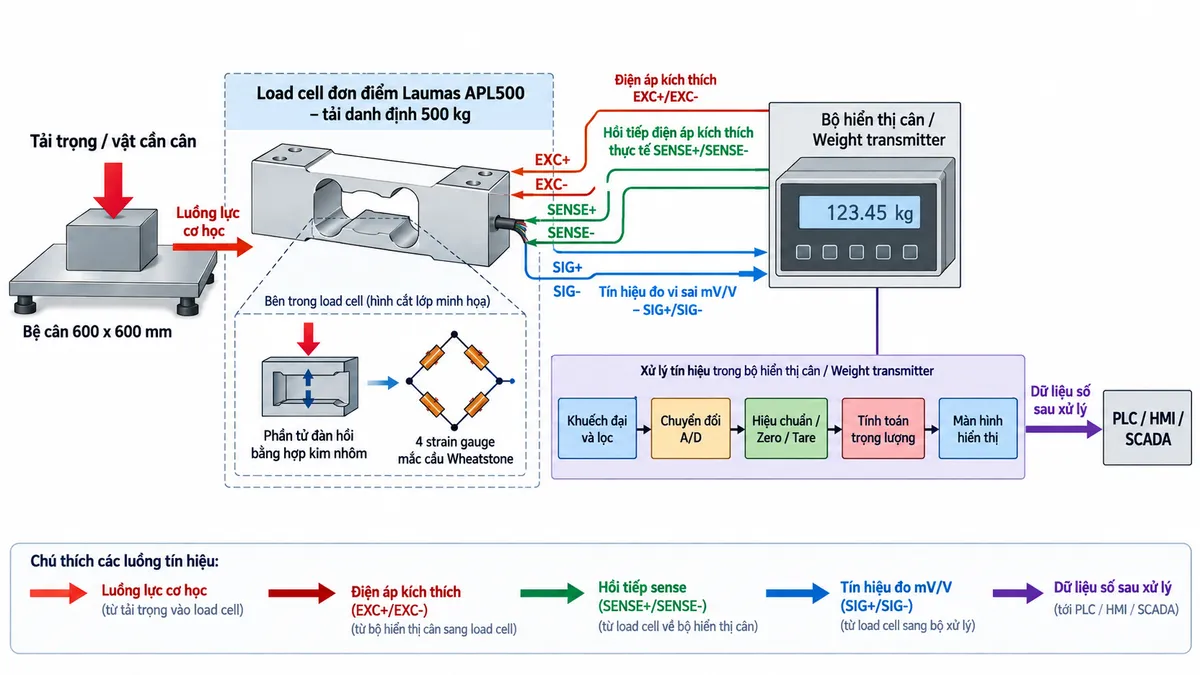 Vẽ sơ đồ nguyên lý hoạt động dạng khối cho Laumas APL500 trên nền trắng, bố cục ngang. Bắt đầu từ vật cần cân hoặc tải trọng cơ học tác động xuống bệ cân 600 x 600 mm; lực truyền tới load cell single-point APL500 tải danh định 500 kg. Bên trong cảm biến thể hiện phần tử đàn hồi bằng hợp kim nhôm và bốn strain gauge mắc thành cầu Wheatstone. Từ bộ hiển thị cân hoặc weight transmitter vẽ EXC+/EXC- cấp điện áp kích thích vào cầu đo và SENSE+/SENSE- hồi tiếp điện áp kích thích thực tế về thiết bị đọc. Khi tải tác động, phần tử đàn hồi biến dạng làm điện trở strain gauge thay đổi và tạo tín hiệu vi sai SIG+/SIG- dạng mV/V. Tín hiệu tiếp tục qua các khối khuếch đại và lọc, chuyển đổi A/D, hiệu chuẩn, Zero/Tare, tính toán trọng lượng rồi tới màn hình hiển thị. Nếu bộ điện tử cân hỗ trợ giao tiếp công nghiệp thì thêm nhánh dữ liệu số sau xử lý tới PLC/HMI/SCADA. Phân biệt rõ bằng mũi tên và chú thích tiếng Việt cho luồng lực cơ học, điện áp kích thích, hồi tiếp sense, tín hiệu đo mV/V và dữ liệu số sau xử lý.