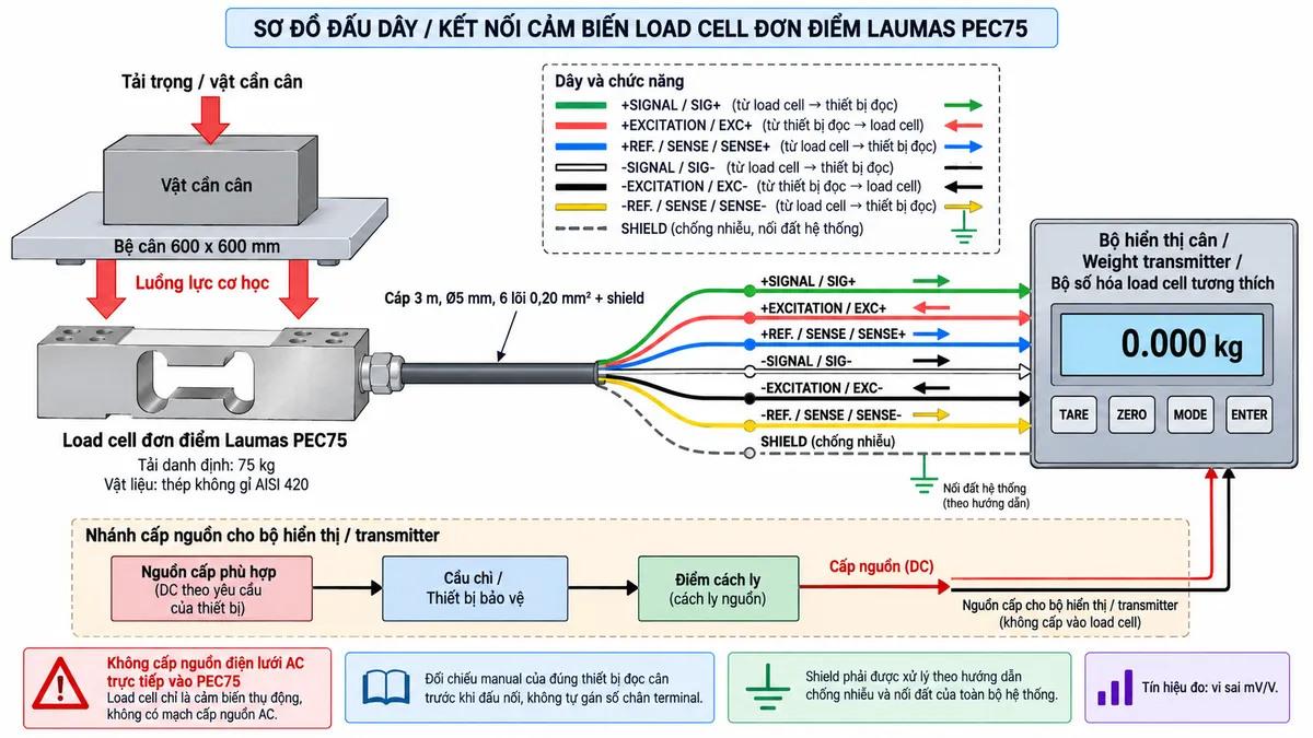 Vẽ sơ đồ đấu dây/kết nối kỹ thuật cho cảm biến load cell đơn điểm Laumas PEC75 trên nền trắng, bố cục ngang. Bên trái thể hiện vật cần cân tác động xuống bệ cân 600 x 600 mm; lực truyền tới load cell single-point PEC75 tải danh định 75 kg, thân thép không gỉ AISI 420 ở giữa. Từ PEC75 vẽ cáp dài 3 m, đường kính 5 mm, gồm 6 lõi 0,20 mm² và shield sang bộ hiển thị cân, weight transmitter hoặc bộ số hóa load cell tương thích ở bên phải. Thể hiện theo sơ đồ dây dòng PEC: +SIGNAL/SIG+ màu xanh lá, +EXCITATION/EXC+ màu đỏ, +REF./SENSE/SENSE+ màu xanh dương, -SIGNAL/SIG- màu trắng, -EXCITATION/EXC- màu đen, -REF./SENSE/SENSE- màu vàng và SHIELD. Vẽ EXC+/EXC- theo chiều từ thiết bị điện tử cân tới load cell để cấp điện áp kích thích; SIG+/SIG- theo chiều từ load cell về thiết bị xử lý để truyền tín hiệu vi sai mV/V; SENSE+/SENSE- hồi tiếp điện áp kích thích thực tế về thiết bị đọc. Vẽ riêng nguồn cấp phù hợp cho bộ hiển thị hoặc transmitter đi qua cầu chì hoặc thiết bị bảo vệ và điểm cách ly. Ghi rõ không cấp nguồn điện lưới AC trực tiếp vào PEC75; không tự gán số chân terminal mà phải đối chiếu manual của đúng thiết bị đọc cân; shield phải được xử lý theo hướng dẫn chống nhiễu và nối đất của toàn bộ hệ thống.
