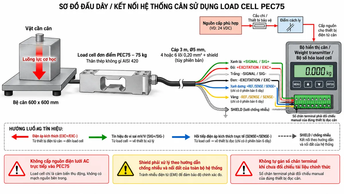 Vẽ sơ đồ đấu dây/kết nối kỹ thuật cho cảm biến load cell đơn điểm Laumas PEC75 trên nền trắng, bố cục ngang. Bên trái thể hiện vật cần cân tác động xuống bệ cân 600 x 600 mm; lực truyền tới load cell single-point PEC75 tải danh định 75 kg, thân thép không gỉ AISI 420 ở giữa. Từ PEC75 vẽ cáp dài 3 m, đường kính 5 mm, cấu hình 4 hoặc 6 lõi 0,20 mm² và shield tùy phiên bản sang bộ hiển thị cân, weight transmitter hoặc bộ số hóa load cell tương thích ở bên phải. Thể hiện +SIGNAL/SIG+ màu xanh lá, +EXCITATION/EXC+ màu đỏ, -SIGNAL/SIG- màu trắng, -EXCITATION/EXC- màu đen; với cấu hình 6 dây bổ sung +REF./SENSE/SENSE+ màu xanh dương và -REF./SENSE/SENSE- màu vàng, cùng SHIELD. Vẽ EXC+/EXC- từ thiết bị điện tử cân tới load cell để cấp điện áp kích thích; SIG+/SIG- từ load cell về thiết bị xử lý để truyền tín hiệu vi sai mV/V; nếu dùng cấu hình 6 dây thì SENSE+/SENSE- hồi tiếp điện áp kích thích thực tế về thiết bị đọc. Vẽ riêng nguồn cấp phù hợp cho bộ hiển thị hoặc transmitter đi qua cầu chì hoặc thiết bị bảo vệ và điểm cách ly. Ghi rõ không cấp nguồn điện lưới AC trực tiếp vào PEC75; không tự gán số chân terminal mà phải đối chiếu manual của đúng thiết bị đọc cân; shield phải xử lý theo hướng dẫn chống nhiễu và nối đất của toàn bộ hệ thống.