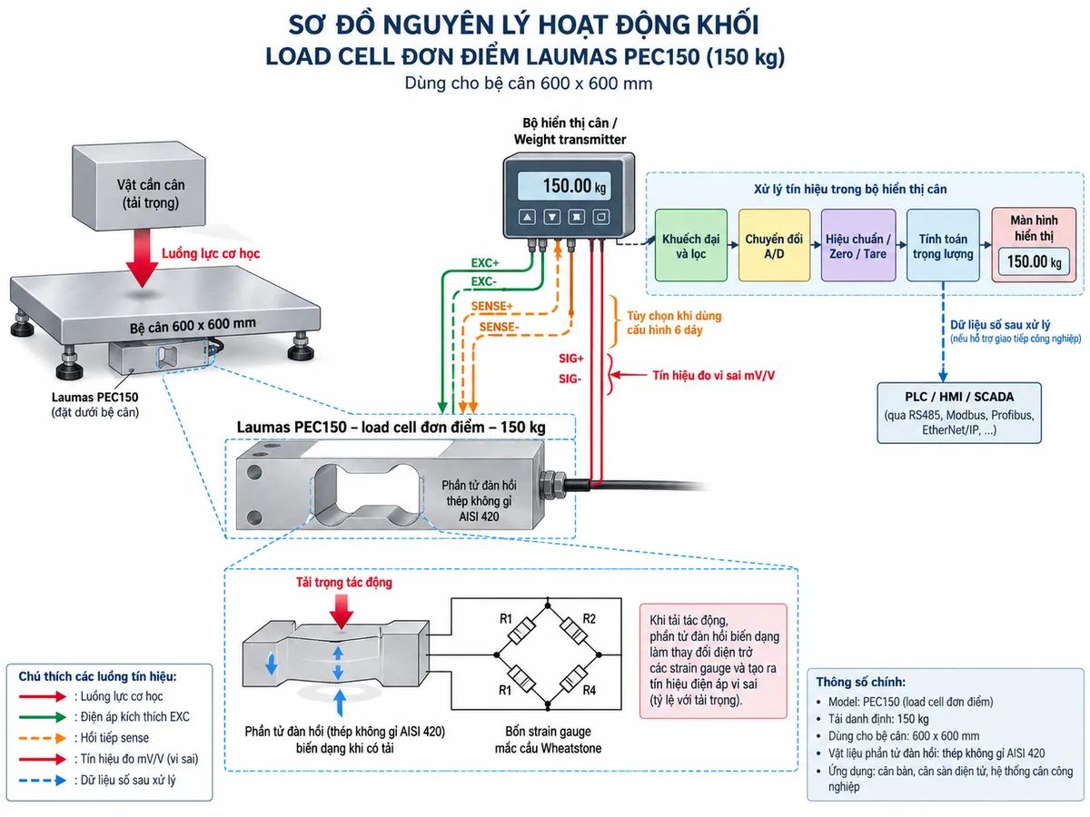 Vẽ sơ đồ nguyên lý hoạt động dạng khối cho Laumas PEC75 trên nền trắng, bố cục ngang. Bắt đầu từ vật cần cân hoặc tải trọng cơ học tác động xuống bệ cân 600 x 600 mm; lực truyền tới load cell single-point PEC75 tải danh định 75 kg. Bên trong cảm biến thể hiện phần tử đàn hồi bằng thép không gỉ AISI 420 và bốn strain gauge mắc thành cầu Wheatstone. Từ bộ hiển thị cân hoặc weight transmitter vẽ EXC+/EXC- cấp điện áp kích thích vào cầu đo; nếu sử dụng cấu hình 6 dây thì vẽ SENSE+/SENSE- hồi tiếp điện áp kích thích thực tế về thiết bị đọc. Khi tải tác động, phần tử đàn hồi biến dạng làm điện trở strain gauge thay đổi và tạo tín hiệu vi sai SIG+/SIG- dạng mV/V. Tín hiệu tiếp tục qua các khối khuếch đại và lọc, chuyển đổi A/D, hiệu chuẩn, Zero/Tare, tính toán trọng lượng rồi tới màn hình hiển thị. Nếu bộ điện tử cân hỗ trợ giao tiếp công nghiệp thì thêm nhánh dữ liệu số sau xử lý tới PLC/HMI/SCADA. Phân biệt rõ bằng mũi tên và chú thích tiếng Việt cho luồng lực cơ học, điện áp kích thích, hồi tiếp sense, tín hiệu đo mV/V và dữ liệu số sau xử lý.