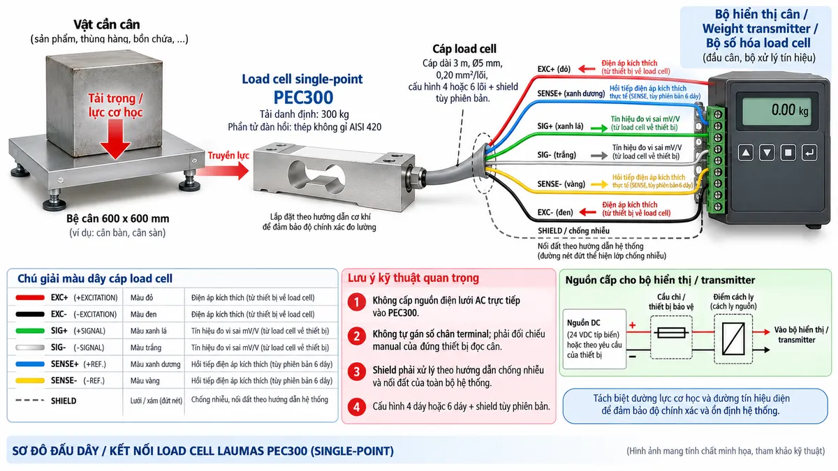 Vẽ sơ đồ nguyên lý hoạt động dạng khối cho Laumas PEC300 trên nền trắng, bố cục ngang. Bắt đầu từ vật cần cân hoặc tải trọng cơ học tác động xuống bệ cân 600 x 600 mm; lực truyền tới load cell single-point PEC300 tải danh định 300 kg. Bên trong cảm biến thể hiện phần tử đàn hồi bằng thép không gỉ AISI 420 và bốn strain gauge mắc thành cầu Wheatstone. Từ bộ hiển thị cân hoặc weight transmitter vẽ EXC+/EXC- cấp điện áp kích thích vào cầu đo; với cấu hình 6 dây thể hiện thêm SENSE+/SENSE- hồi tiếp điện áp kích thích thực tế về thiết bị đọc. Khi tải tác động, phần tử đàn hồi biến dạng làm điện trở strain gauge thay đổi và tạo tín hiệu vi sai SIG+/SIG- dạng mV/V. Tín hiệu tiếp tục qua các khối khuếch đại và lọc, chuyển đổi A/D, hiệu chuẩn, Zero/Tare, tính toán trọng lượng rồi tới màn hình hiển thị. Nếu bộ điện tử cân hỗ trợ giao tiếp công nghiệp thì thêm nhánh dữ liệu số sau xử lý tới PLC/HMI/SCADA. Phân biệt rõ bằng mũi tên và chú thích tiếng Việt cho luồng lực cơ học, điện áp kích thích, hồi tiếp sense, tín hiệu đo mV/V và dữ liệu số sau xử lý.