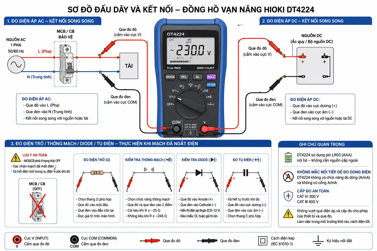 Sơ đồ đấu dây và kết nối Đồng hồ vạn năng HIOKI DT4224, nền trắng, bố cục ngang, nhãn tiếng Việt; thể hiện nguồn điện AC một pha L và N đi qua MCB hoặc CB bảo vệ đến tải, que đo đỏ cắm vào cực V và nối với L, que đo đen cắm vào cực COM và nối với N để đo điện áp song song; bổ sung nhánh nguồn DC với que đỏ nối cực dương và que đen nối cực âm; thể hiện nhánh đo điện trở, thông mạch, diode và tụ điện khi MCB đã OFF, mạch được xác nhận mất điện và tụ đã xả; ghi rõ DT4224 dùng pin LR03 nội bộ, không cần nguồn cấp ngoài, không mắc nối tiếp để đo dòng điện, cấp đo CAT IV 300 V và CAT III 600 V