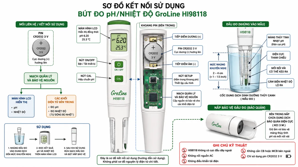 Vẽ sơ đồ kết nối sử dụng Bút Đo pH/Nhiệt Độ GroLine Hanna HI98118, nền trắng, bố cục ngang, nhãn tiếng Việt và phong cách kỹ thuật đo lường. Thể hiện pin CR2032 3 V với cực dương hướng lên, hai tiếp điểm trong khoang pin, mạch quản lý và bảo vệ nguồn bên trong thân bút, nút ON/OFF, nút CAL, nút SETUP trong khoang pin và màn hình LCD hiển thị pH cùng nhiệt độ. Phần đầu đo gồm màng thủy tinh nhạy pH, điện cực tham chiếu, mối nối vải có thể kéo ra và cảm biến nhiệt độ lộ ra, được nhúng đúng mức trong cốc dung dịch dinh dưỡng thủy canh. Vẽ thêm nắp bảo vệ có dung dịch bảo quản điện cực. Ghi chú rõ HI98118 không có cực đấu dây ngoài, không nối nguồn AC, không điều khiển tải điện, không cần CB hoặc MCB bên ngoài và chỉ sử dụng đúng pin CR2032 3 V.