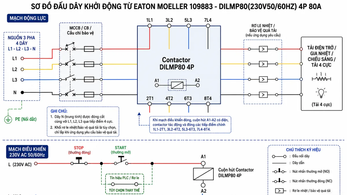 Sơ đồ đấu dây khởi động từ Eaton Moeller 109883 DILMP80(230V50/60HZ) 4P 80A: thể hiện nguồn 3 pha 4 dây L1-L2-L3-N đi qua MCCB/CB/cầu chì bảo vệ, đấu vào các cực chính phía trên 1L1, 3L2, 5L3, 7L4; các cực ra phía dưới 2T1, 4T2, 6T3, 8T4 cấp tới tải điện trở/gia nhiệt/chiếu sáng hoặc tải 4 cực; cuộn hút A1-A2 nhận nguồn điều khiển 230V AC 50/60Hz qua nút STOP thường đóng, nút START thường mở hoặc tín hiệu PLC/rơ le; thể hiện rơ le nhiệt hoặc thiết bị bảo vệ quá tải ở nhánh tải nếu ứng dụng yêu cầu.