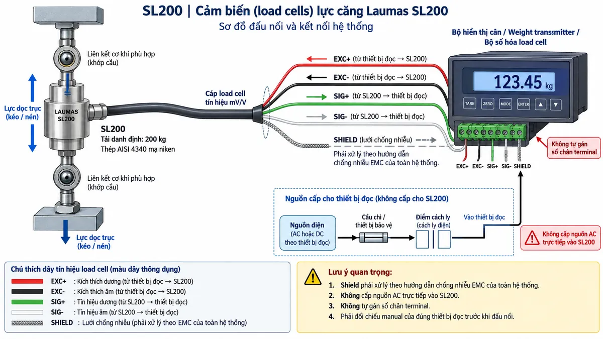 Vẽ sơ đồ đấu dây/kết nối kỹ thuật cho cảm biến lực kéo/nén Laumas SL200 trên nền trắng, bố cục ngang. Bên trái thể hiện tải hoặc cơ cấu thanh kéo truyền lực dọc trục qua hai liên kết cơ khí hoặc khớp cầu phù hợp vào SL200 tải danh định 200 kg. Ở giữa thể hiện SL200 bằng thép AISI 4340 mạ niken cùng cáp load cell đi tới thiết bị điện tử cân. Từ bộ hiển thị cân/weight transmitter bên phải vẽ EXC+ và EXC- cấp điện áp kích thích tới SL200; từ SL200 vẽ SIG+ và SIG- truyền tín hiệu vi sai về thiết bị đọc; thể hiện shield riêng và ghi chú xử lý theo hướng dẫn chống nhiễu EMC của toàn hệ thống. Bên phải là bộ hiển thị cân, weight transmitter hoặc bộ số hóa load cell. Vẽ riêng nguồn cấp cho thiết bị đọc đi qua cầu chì hoặc thiết bị bảo vệ và điểm cách ly trước khi vào thiết bị điện tử cân. Ghi chú không cấp nguồn AC trực tiếp vào SL200, không tự gán số chân terminal và phải đối chiếu manual của đúng thiết bị đọc trước khi đấu nối.