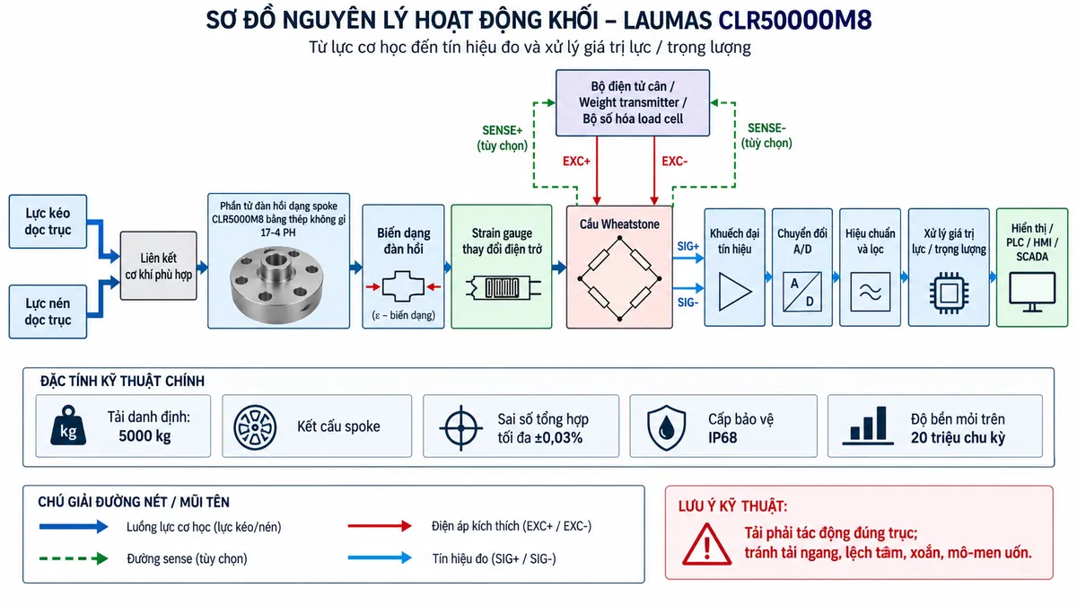 Vẽ sơ đồ đấu dây/kết nối kỹ thuật cho cảm biến lực kéo và nén Laumas CLR5000 trên nền trắng, bố cục ngang. Bên trái thể hiện hai trạng thái “Lực kéo dọc trục” và “Lực nén dọc trục”, tải truyền qua liên kết cơ khí hoặc khớp cầu phù hợp tới load cell CLR5000 ở giữa. Ghi rõ “CLR5000”, “Tải danh định: 5.000 kg”, “Thân: thép không gỉ 17-4 PH”, “Kết cấu: dạng spoke”, “Cấp bảo vệ: IP68”. Từ load cell vẽ cáp tín hiệu sang “Bộ hiển thị cân / Weight transmitter / Bộ số hóa load cell” ở bên phải. Thể hiện EXC+ và EXC- là đường cấp điện áp kích thích từ bộ điện tử tới load cell; SIG+ và SIG- là tín hiệu vi sai từ load cell trở về bộ điện tử; SENSE+ và SENSE- chỉ thể hiện dưới dạng tùy chọn nếu đúng cấu hình cảm biến và thiết bị đọc hỗ trợ; SHIELD thể hiện theo tài liệu kỹ thuật. Không tự gán màu dây, số chân terminal hoặc kiểu đầu nối khi chưa đối chiếu datasheet đúng phiên bản CLR5000. Phía dưới vẽ nguồn AC hoặc DC phù hợp cấp cho bộ điện tử cân qua cầu chì, MCB hoặc thiết bị bảo vệ tương ứng và công tắc cách ly; ghi rõ nguồn ngoài chỉ cấp cho bộ điện tử cân, không cấp trực tiếp vào đường tín hiệu load cell. Ghi chú kỹ thuật: tải phải truyền đúng trục; tránh lực ngang, lệch tâm, xoắn và mô-men uốn; khớp nối, thanh kéo, bulông, giá đỡ và các chi tiết chịu lực phải được lựa chọn phù hợp với tải thực tế và hệ số an toàn của hệ thống.