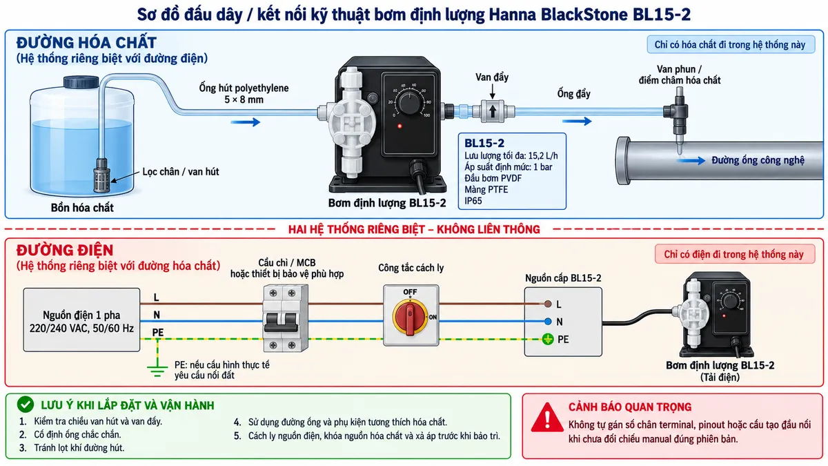 Vẽ sơ đồ đấu dây/kết nối kỹ thuật cho bơm định lượng hóa chất Hanna BlackStone BL15-2 trên nền trắng, bố cục ngang. Phần đường hóa chất thể hiện “Bồn hóa chất” → “Lọc chân / van hút” → ống hút polyethylene 5 × 8 mm → “Bơm định lượng BL15-2” → “Van đẩy” → ống đẩy → “Van phun / điểm châm hóa chất” → “Đường ống công nghệ”, có mũi tên rõ ràng chỉ chiều dòng hóa chất. Trên bơm ghi BL15-2, lưu lượng tối đa 15,2 L/h, áp suất định mức 1 bar, đầu bơm PVDF, màng PTFE và IP65. Phần điện tách riêng với đường hóa chất: nguồn điện 1 pha 220/240 VAC, 50/60 Hz, thể hiện L, N và PE nếu cấu hình thực tế yêu cầu nối đất → cầu chì/MCB hoặc thiết bị bảo vệ phù hợp → công tắc cách ly → nguồn cấp BL15-2; bơm BL15-2 là tải điện. Không tự gán số chân terminal, pinout hoặc cấu tạo đầu nối khi chưa đối chiếu manual đúng phiên bản. Ghi chú kiểm tra chiều van hút/van đẩy, cố định ống chắc chắn, tránh lọt khí đường hút, sử dụng đường ống và phụ kiện tương thích hóa chất, cách ly nguồn điện, khóa nguồn hóa chất và xả áp trước khi bảo trì.