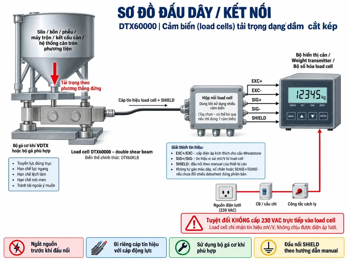 Vẽ sơ đồ đấu dây/kết nối kỹ thuật cho Laumas DTX60000, tương ứng biến thể chính thức DTX60KLB của dòng DTX, trên nền trắng và bố cục ngang. Bên trái thể hiện silo, bồn, phễu, máy trộn, kết cấu cân hoặc hệ thống cân trên phương tiện truyền tải trọng theo phương thẳng đứng qua bộ gá cơ khí VDTX hoặc bộ gá phù hợp tới load cell DTX60000 dạng double shear beam ở giữa. Chú thích truyền lực đúng trục, hạn chế lực ngang, lệch tâm, mô-men và tải ngoài ý muốn. Từ load cell vẽ cáp tín hiệu có SHIELD tới hộp nối load cell khi sử dụng nhiều cảm biến, sau đó tới bộ hiển thị cân, weight transmitter hoặc bộ số hóa load cell. Thể hiện rõ các đường chức năng EXC+/EXC- từ thiết bị điện tử cân cấp điện áp kích thích cho cầu Wheatstone và SIG+/SIG- đưa tín hiệu vi sai từ load cell trở về thiết bị đọc; SHIELD xử lý theo manual. Không tự gán màu dây, số chân hoặc SENSE+/SENSE- nếu chưa đối chiếu datasheet đúng phiên bản. Phần nguồn điện lưới chỉ cấp cho bộ hiển thị hoặc transmitter qua CB hoặc cầu chì và công tắc cách ly phù hợp; ghi rõ tuyệt đối không cấp 230 VAC trực tiếp vào load cell. Bổ sung lưu ý ngắt nguồn trước khi đấu nối, đi riêng cáp tín hiệu với cáp động lực và sử dụng bộ gá cơ khí phù hợp.