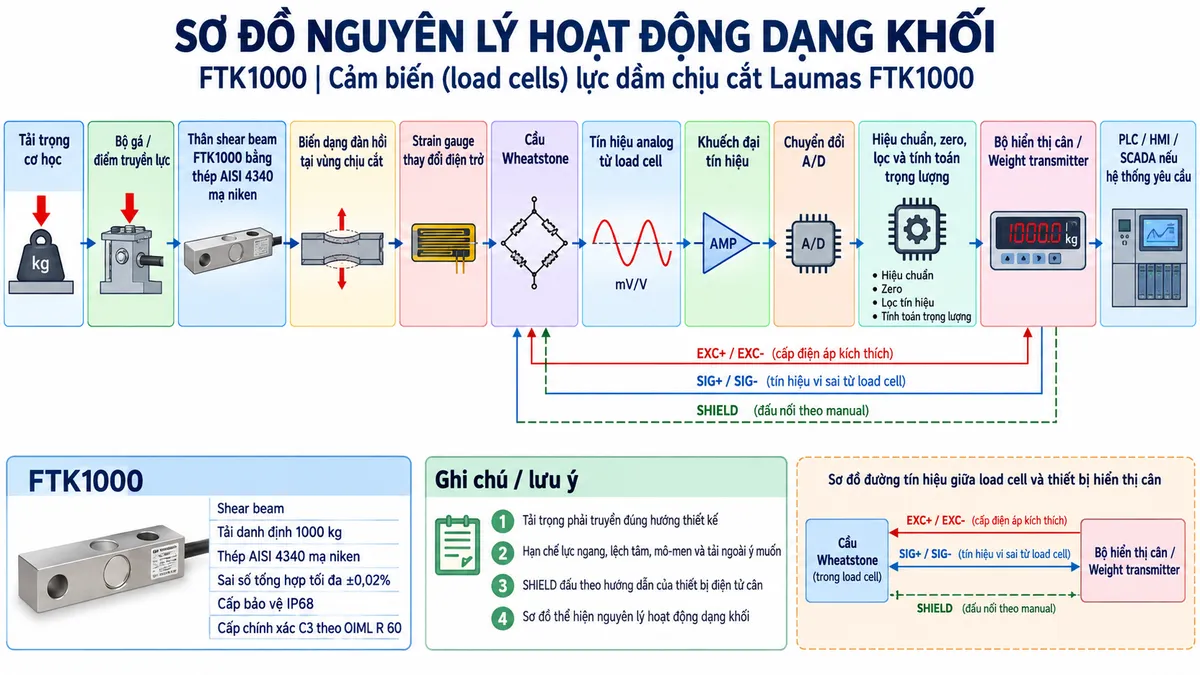 Vẽ sơ đồ đấu dây/kết nối kỹ thuật cho Laumas FTK2000 trên nền trắng, bố cục ngang. Bên trái thể hiện bồn, phễu, bệ cân, con lăn hoặc kết cấu cần cân truyền tải trọng theo phương thiết kế qua bộ gá PV/PVZ, PV80/PV60Z hoặc bộ gá cơ khí tương thích tới load cell FTK2000 dạng shear beam ở giữa. Thể hiện một đầu FTK2000 được cố định chắc chắn vào kết cấu đỡ, đầu nhận tải làm việc đúng hướng; chú thích hạn chế lực ngang, lệch tâm, mô-men xoắn, va đập và tải ngoài ý muốn. Từ FTK2000 vẽ cáp load cell có SHIELD tới hộp nối load cell khi sử dụng nhiều cảm biến, sau đó tới bộ hiển thị cân, weight transmitter hoặc bộ số hóa load cell. Thể hiện các đường chức năng EXC+/EXC- từ thiết bị điện tử cân cấp điện áp kích thích cho cầu Wheatstone và SIG+/SIG- truyền tín hiệu vi sai từ load cell về thiết bị đọc; SHIELD xử lý theo manual. Không tự gán màu dây, số chân hoặc SENSE+/SENSE- nếu chưa đối chiếu datasheet đúng phiên bản FTK2000. Nguồn điện lưới chỉ cấp cho bộ hiển thị hoặc transmitter qua CB hoặc cầu chì và công tắc cách ly phù hợp; ghi rõ tuyệt đối không cấp 230 VAC trực tiếp vào load cell. Bổ sung lưu ý ngắt nguồn trước khi đấu nối, đi riêng cáp tín hiệu với cáp động lực và sử dụng bộ gá cơ khí tương thích.