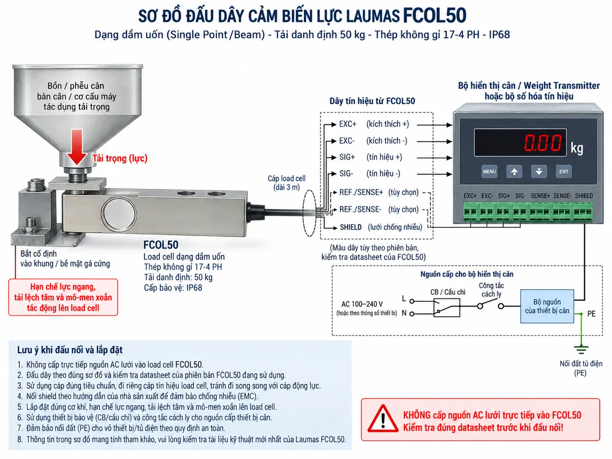 Vẽ sơ đồ đấu dây/kết nối kỹ thuật cho cảm biến lực dạng dầm uốn Laumas FCOL50 trên nền trắng, bố cục ngang. Bên trái thể hiện bồn nhỏ, phễu cân, bàn cân hoặc cơ cấu máy truyền tải trọng đúng phương xuống đầu nhận tải của FCOL50; đầu cố định của dầm được bắt chắc vào khung hoặc bề mặt gá cứng, có chú thích hạn chế lực ngang, tải lệch tâm và mô-men xoắn. Ở giữa vẽ load cell FCOL50 dạng dầm uốn bằng thép không gỉ 17-4 PH, tải danh định 50 kg, IP68 và cáp load cell dài 3 m đi sang bộ hiển thị cân, weight transmitter hoặc bộ số hóa ở bên phải. Thể hiện EXC+ và EXC- từ thiết bị điện tử cân cấp điện áp kích thích tới cầu Wheatstone; SIG+ và SIG- từ FCOL50 mang tín hiệu vi sai mV/V về thiết bị xử lý; SHIELD nối theo hướng dẫn EMC. Nếu datasheet đúng mã cấu hình FCOL50 xác nhận có REF./SENSE+ và REF./SENSE- thì thể hiện hai đường này dưới dạng tùy chọn; không tự gán màu dây hoặc chân đấu nối khi chưa có tài liệu xác nhận. Vẽ riêng nguồn cấp phù hợp cho bộ điện tử cân qua cầu chì hoặc MCB và công tắc cách ly; PE nối vỏ hoặc tủ điện theo quy tắc an toàn, không đi qua load cell. Ghi chú rõ không cấp trực tiếp nguồn AC lưới vào FCOL50 và phải kiểm tra datasheet đúng phiên bản trước khi đấu nối.