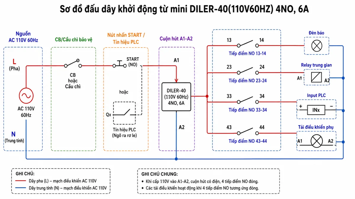 Sơ đồ đấu dây khởi động từ mini Eaton Moeller DILER-40(110V60HZ) 4NO, 6A; thể hiện nguồn AC 110V 60Hz, CB/cầu chì bảo vệ, nút nhấn START hoặc tín hiệu PLC, cuộn hút A1-A2, bốn cặp tiếp điểm thường mở NO 13-14, 23-24, 33-34, 43-44, các tải điều khiển phụ như đèn báo, relay trung gian và input PLC; bố cục sơ đồ điện công nghiệp rõ ràng, nền trắng, chú thích tiếng Việt