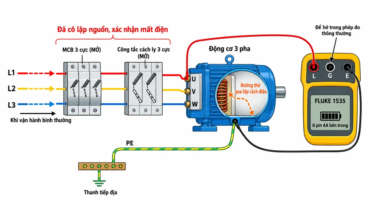 Vẽ sơ đồ kết nối kỹ thuật nền trắng, bố cục nằm ngang, nhãn tiếng Việt cho máy đo điện trở cách điện FLUKE 1535 kiểm tra động cơ ba pha. Bên trái, nguồn L1, L2, L3 đi qua MCB bảo vệ ba cực rồi công tắc cách ly ba cực đến các đầu dây động cơ; MCB và công tắc cách ly đều ở trạng thái mở, có nhãn “Đã cô lập nguồn, xác nhận mất điện”. Chỉ dùng mũi tên chiều cấp điện kèm nhãn “Khi vận hành bình thường”, không thể hiện dòng điện cấp trong lúc thử. Dây PE nối trực tiếp từ vỏ động cơ về thanh tiếp địa, không đi qua MCB, công tắc cách ly hay máy đo. Bên phải, FLUKE 1535 dùng pin AA bên trong, không lấy nguồn từ mạch động cơ; dây thử đỏ từ cực L đến đầu cuộn dây cần kiểm tra, dây thử đen từ cực E đến vỏ động cơ; cực G ghi “Để hở trong phép đo thông thường”. Thể hiện đường thử qua lớp cách điện giữa cuộn dây và vỏ, phân biệt rõ dây nguồn, dây PE và dây thử.
