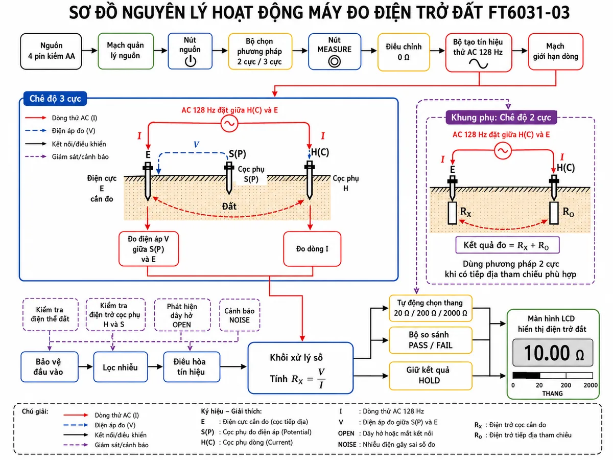 Vẽ sơ đồ nguyên lý hoạt động dạng khối của Máy đo điện trở đất HIOKI FT6031-03, nền trắng, bố cục ngang, nhãn tiếng Việt, phong cách kỹ thuật điện công nghiệp. Luồng bắt đầu từ nguồn 4 pin kiềm AA qua mạch quản lý nguồn, nút nguồn, bộ chọn phương pháp 2 cực hoặc 3 cực, nút MEASURE và khối điều chỉnh 0 Ω; tiếp theo là bộ tạo tín hiệu thử AC 128 Hz và mạch giới hạn dòng. Ở chế độ ba cực, nguồn AC đặt giữa H(C) và E tạo dòng I qua cọc H, đất và điện cực E; khối đo dòng nhận tín hiệu I, khối đo điện áp nhận V giữa S(P) và E. Hai tín hiệu đi qua bảo vệ đầu vào, lọc nhiễu, điều hòa tín hiệu và khối xử lý số tính RX = V/I. Trước phép tính vẽ các khối kiểm tra điện thế đất, kiểm tra điện trở cọc phụ H và S, phát hiện dây hở OPEN và cảnh báo NOISE. Đầu ra phân nhánh tới tự động chọn thang 20 Ω/200 Ω/2000 Ω, bộ so sánh PASS/FAIL, giữ kết quả và màn hình LCD hiển thị điện trở đất. Vẽ thêm nhánh chế độ hai cực nối H(C) và E, kết quả là tổng điện trở RX của cọc cần đo và điện trở RO của tiếp địa tham chiếu.