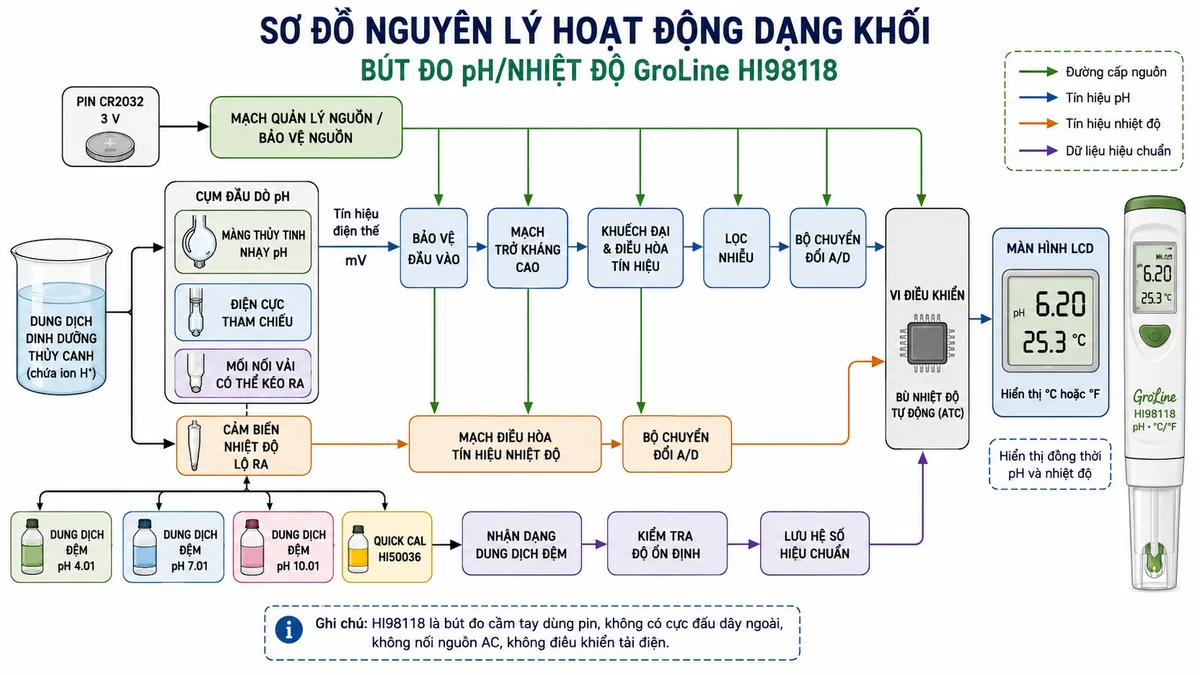 Vẽ sơ đồ nguyên lý hoạt động dạng khối của Bút Đo pH/Nhiệt Độ GroLine Hanna HI98118, nền trắng, bố cục ngang, nhãn tiếng Việt và phong cách kỹ thuật đo lường. Luồng đo chính bắt đầu từ dung dịch dinh dưỡng chứa ion H+, đi tới màng thủy tinh nhạy pH và điện cực tham chiếu qua mối nối vải có thể kéo ra. Tín hiệu điện thế mV đi qua khối bảo vệ đầu vào, mạch trở kháng cao, khuếch đại và điều hòa tín hiệu, lọc nhiễu, bộ chuyển đổi A/D, vi điều khiển rồi tới màn hình LCD hiển thị pH. Vẽ nhánh riêng từ cảm biến nhiệt độ lộ ra qua mạch điều hòa tín hiệu và A/D tới vi điều khiển để bù nhiệt độ tự động và hiển thị °C hoặc °F. Bổ sung nhánh hiệu chuẩn từ dung dịch đệm pH 4.01, 7.01, 10.01 hoặc dung dịch Quick Cal HI50036 tới khối nhận dạng dung dịch, kiểm tra độ ổn định và lưu hệ số hiệu chuẩn. Vẽ thêm nhánh nguồn từ pin CR2032 3 V qua quản lý nguồn tới các khối điện tử.