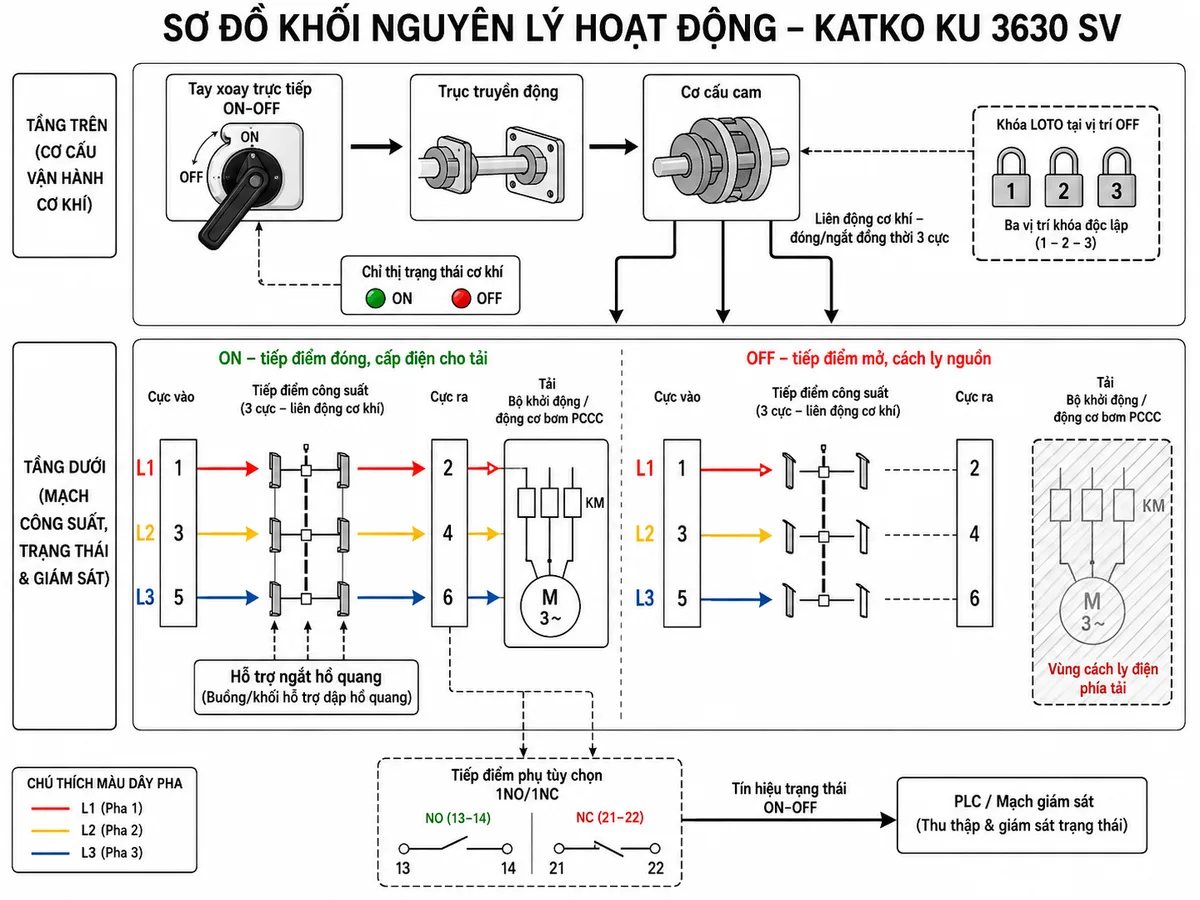 Vẽ sơ đồ khối nguyên lý hoạt động của Katko KU 3630 SV trên nền trắng, bố cục ngang. Phía trên là tay xoay trực tiếp ON-OFF truyền lực qua trục và cơ cấu cam đến đồng thời ba tiếp điểm công suất của các pha L1-L2-L3. Phía dưới thể hiện luồng điện từ cực vào 1-3-5 qua ba tiếp điểm liên động tới cực ra 2-4-6 và tải là bộ khởi động hoặc động cơ bơm PCCC. Minh họa trạng thái ON với ba tiếp điểm đóng và mũi tên dòng điện sang tải; trạng thái OFF với ba tiếp điểm mở, vùng cách ly điện phía tải và ba vị trí khóa ổ khóa LOTO. Bổ sung khối hỗ trợ ngắt hồ quang, chỉ thị trạng thái cơ khí và nhánh tiếp điểm phụ tùy chọn truyền tín hiệu về PLC hoặc mạch giám sát.
