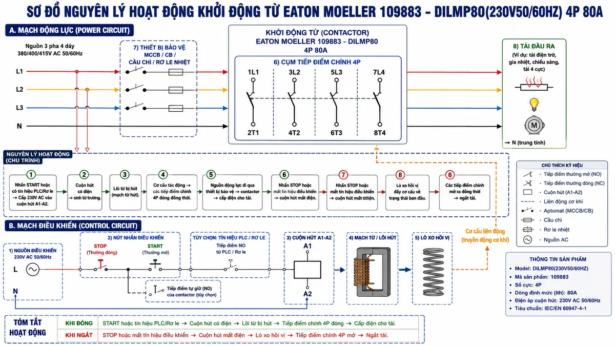 Sơ đồ nguyên lý hoạt động khởi động từ Eaton Moeller 109883 DILMP80(230V50/60HZ): thể hiện các khối chức năng gồm nguồn điều khiển 230V AC 50/60Hz, nút STOP thường đóng, nút START thường mở hoặc tín hiệu PLC/rơ le, cuộn hút A1-A2, mạch từ/lõi hút, lò xo hồi vị, cụm tiếp điểm chính 4P, thiết bị bảo vệ MCCB/CB/cầu chì/rơ le nhiệt và tải đầu ra; dùng mũi tên mô tả luồng tín hiệu điều khiển làm cuộn hút hút lõi từ, đóng tiếp điểm chính cấp điện cho tải, khi mất tín hiệu điều khiển thì lò xo hồi vị mở tiếp điểm và ngắt tải.