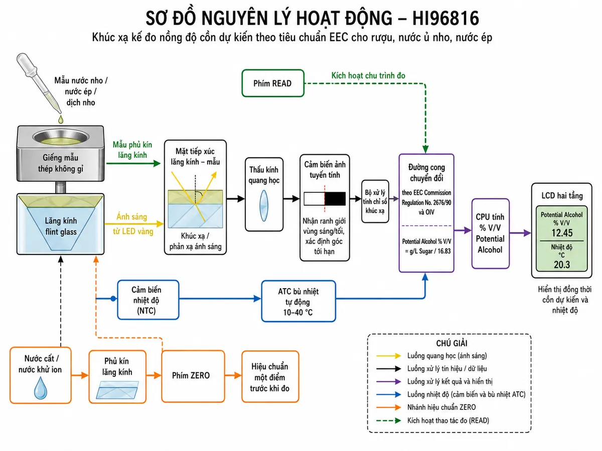 Sơ đồ nguyên lý hoạt động Hanna HI96816 dạng block diagram kỹ thuật trên nền trắng: mẫu nước nho, nước ép hoặc dịch nho được nhỏ bằng pipet nhựa vào giếng mẫu thép không gỉ → mẫu phủ kín lăng kính flint glass → LED vàng phát ánh sáng qua lăng kính → ánh sáng khúc xạ/phản xạ tại mặt tiếp xúc lăng kính–mẫu → thấu kính quang học → cảm biến ảnh tuyến tính nhận ranh giới vùng sáng/tối và xác định góc tới hạn → khối xử lý tính chỉ số khúc xạ; từ cảm biến nhiệt độ tạo nhánh vào khối ATC bù nhiệt tự động 10–40 °C → đường cong chuyển đổi theo EEC Commission Regulation No. 2676/90 và OIV, thể hiện quan hệ Potential Alcohol % V/V = g/L Sugar / 16.83 → CPU tính % V/V Potential Alcohol → LCD hai tầng hiển thị đồng thời cồn dự kiến và nhiệt độ; bổ sung nhánh ZERO: nước cất/nước khử ion → phủ kín lăng kính → phím ZERO → hiệu chuẩn một điểm trước khi đo; thể hiện phím READ kích hoạt chu trình đo.