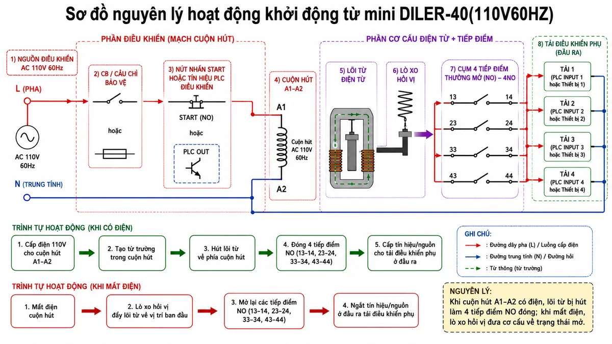 Sơ đồ nguyên lý hoạt động khởi động từ mini Eaton Moeller DILER-40(110V60HZ); thể hiện các khối chức năng gồm nguồn điều khiển AC 110V 60Hz, CB/cầu chì, nút nhấn hoặc tín hiệu PLC, cuộn hút A1-A2, lõi từ điện từ, lò xo hồi vị, cụm 4 tiếp điểm NO, tải điều khiển phụ; dùng mũi tên mô tả luồng cấp điện cho cuộn hút, tạo từ trường hút lõi từ, đóng 4 tiếp điểm NO, truyền tín hiệu điều khiển và tự hồi về mở tiếp điểm khi mất điện; phong cách kỹ thuật điện công nghiệp, nền trắng, sạch, rõ ràng
