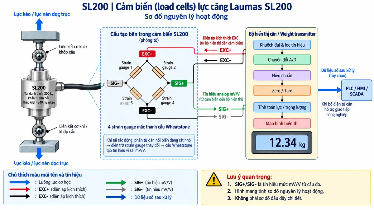 Vẽ sơ đồ nguyên lý hoạt động dạng khối cho cảm biến lực kéo/nén Laumas SL200 trên nền trắng, bố cục ngang. Bắt đầu từ lực kéo hoặc lực nén dọc trục truyền qua hai liên kết cơ khí vào phần tử đàn hồi của SL200. Bên trong cảm biến thể hiện phần tử đàn hồi bằng thép AISI 4340 mạ niken và bốn strain gauge mắc thành cầu Wheatstone. Bộ hiển thị cân hoặc weight transmitter cấp EXC+/EXC- tới cầu đo; khi tải làm phần tử đàn hồi biến dạng, điện trở strain gauge thay đổi và cầu Wheatstone tạo tín hiệu vi sai SIG+/SIG-. Tín hiệu analog tiếp tục qua các khối khuếch đại và lọc tín hiệu, chuyển đổi A/D, hiệu chuẩn, Zero/Tare, tính toán lực hoặc trọng lượng rồi tới màn hình hiển thị. Từ khối xử lý thêm nhánh dữ liệu số tới PLC/HMI/SCADA nếu thiết bị điện tử cân hỗ trợ giao tiếp công nghiệp. Dùng mũi tên và chú thích tiếng Việt để phân biệt luồng lực cơ học, điện áp kích thích EXC, tín hiệu analog từ cầu đo và dữ liệu số sau xử lý.