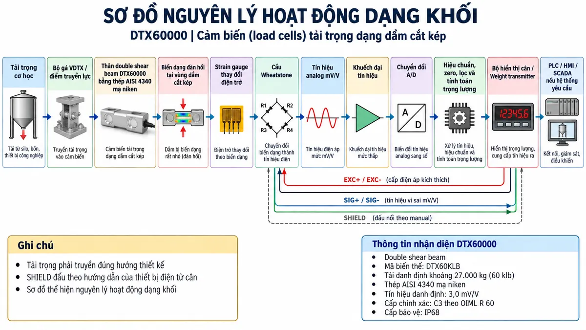 Vẽ sơ đồ nguyên lý hoạt động dạng khối cho Laumas DTX60000, tương ứng biến thể DTX60KLB, trên nền trắng, bố cục ngang. Luồng chính gồm: Tải trọng cơ học → Bộ gá VDTX / điểm truyền lực → Thân double shear beam DTX60000 bằng thép AISI 4340 mạ niken → Biến dạng đàn hồi tại vùng dầm cắt kép → Strain gauge thay đổi điện trở → Cầu Wheatstone → Tín hiệu analog mV/V → Khuếch đại tín hiệu → Chuyển đổi A/D → Hiệu chuẩn, zero, lọc và tính toán trọng lượng → Bộ hiển thị cân / Weight transmitter → PLC / HMI / SCADA nếu hệ thống yêu cầu. Vẽ nhánh từ thiết bị điện tử cân cấp EXC+/EXC- vào cầu Wheatstone và nhận SIG+/SIG- trở về; thể hiện SHIELD theo đường cáp tín hiệu với ghi chú đấu nối theo manual. Bổ sung khối thông tin nhận diện gồm: double shear beam, mã biến thể DTX60KLB, tải danh định khoảng 27.000 kg tương đương 60 klb, thép AISI 4340 mạ niken, tín hiệu danh định 3,0 mV/V, cấp chính xác C3 theo OIML R 60 và cấp bảo vệ IP68.
