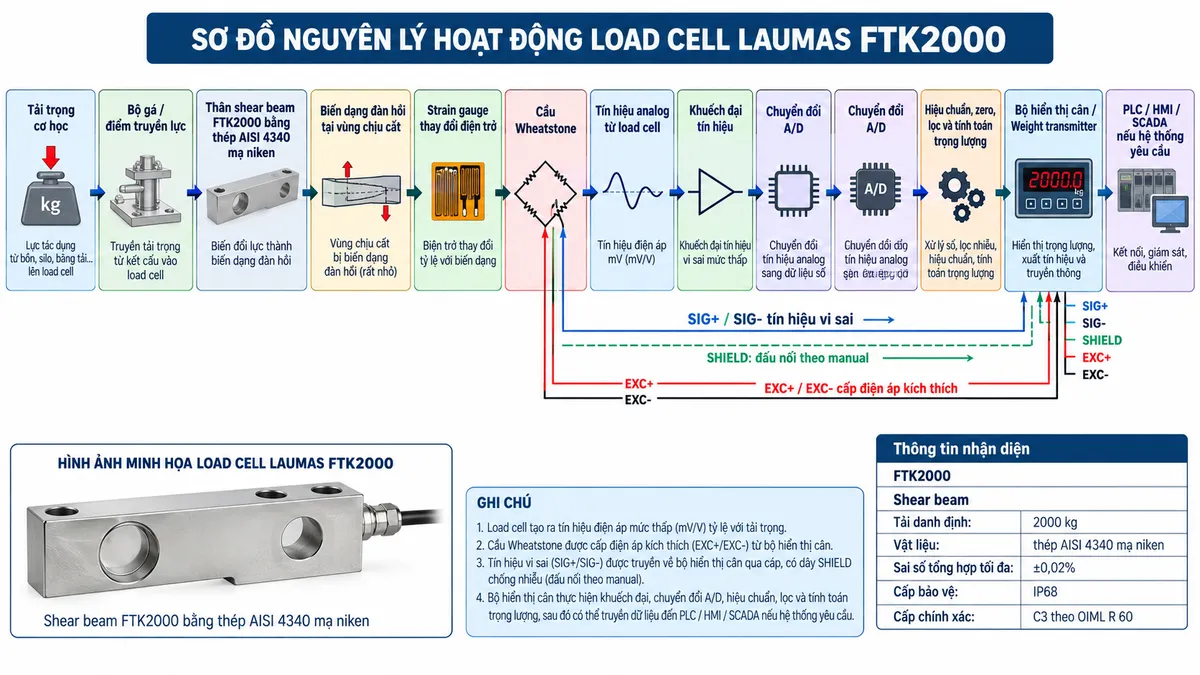 Vẽ sơ đồ nguyên lý hoạt động dạng khối cho Laumas FTK2000 trên nền trắng, bố cục ngang. Luồng chính gồm: Tải trọng cơ học → Bộ gá / điểm truyền lực → Thân shear beam FTK2000 bằng thép AISI 4340 mạ niken → Biến dạng đàn hồi tại vùng chịu cắt → Strain gauge thay đổi điện trở → Cầu Wheatstone → Tín hiệu analog từ load cell → Khuếch đại tín hiệu → Chuyển đổi A/D → Hiệu chuẩn, zero, lọc và tính toán trọng lượng → Bộ hiển thị cân / Weight transmitter → PLC / HMI / SCADA nếu hệ thống yêu cầu. Vẽ nhánh từ thiết bị điện tử cân cấp EXC+/EXC- tới cầu Wheatstone và nhận SIG+/SIG- trở về; thể hiện SHIELD đi theo cáp tín hiệu với ghi chú đấu nối theo manual. Bổ sung khối thông tin nhận diện gồm: FTK2000, shear beam, tải danh định 2000 kg, thép AISI 4340 mạ niken, sai số tổng hợp tối đa ±0,02%, cấp bảo vệ IP68 và cấp chính xác C3 theo OIML R 60.