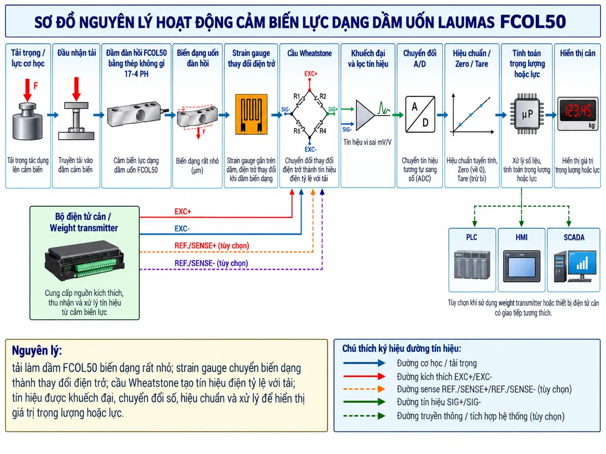 Vẽ sơ đồ nguyên lý hoạt động dạng khối cho Laumas FCOL50 trên nền trắng, bố cục ngang. Thể hiện luồng từ trái sang phải: “Tải trọng / lực cơ học” → “Đầu nhận tải” → “Dầm đàn hồi FCOL50 bằng thép không gỉ 17-4 PH” → “Biến dạng uốn đàn hồi” → “Strain gauge thay đổi điện trở” → “Cầu Wheatstone”. Từ khối “Bộ điện tử cân / Weight transmitter” vẽ EXC+ và EXC- cấp điện áp kích thích tới cầu Wheatstone; nếu cấu hình FCOL50 cụ thể hỗ trợ sense thì thể hiện REF./SENSE+ và REF./SENSE- dưới dạng tùy chọn. Từ cầu Wheatstone vẽ SIG+ và SIG- mang tín hiệu vi sai mV/V → “Khuếch đại và lọc tín hiệu” → “Chuyển đổi A/D” → “Hiệu chuẩn / Zero / Tare” → “Tính toán trọng lượng hoặc lực” → “Hiển thị cân”. Từ bộ xử lý vẽ nhánh tùy chọn tới PLC, HMI và SCADA khi sử dụng weight transmitter hoặc thiết bị điện tử cân có giao tiếp tương thích. Bổ sung chú thích nguyên lý: tải làm dầm FCOL50 biến dạng rất nhỏ; strain gauge chuyển biến dạng thành thay đổi điện trở; cầu Wheatstone tạo tín hiệu điện tỷ lệ với tải.