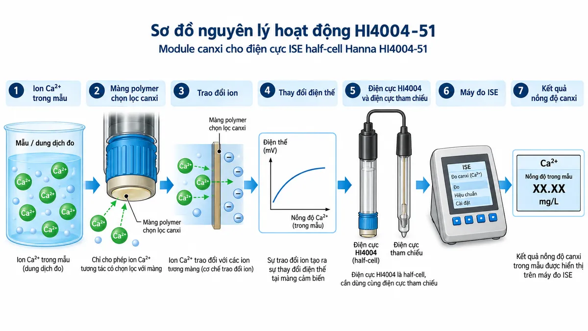 Sơ đồ nguyên lý HI4004-51: ion Ca2+ trong mẫu → màng polymer chọn lọc canxi → trao đổi ion → thay đổi điện thế → điện cực HI4004 và điện cực tham chiếu → máy đo ISE → kết quả nồng độ canxi