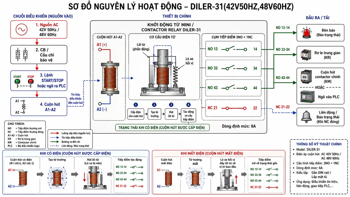 Sơ đồ nguyên lý hoạt động của khởi động từ mini Eaton Moeller 051764 DILER-31(42V50HZ,48V60HZ): thể hiện các khối chức năng gồm nguồn AC 42V/48V, mạch bảo vệ CB/cầu chì, lệnh START/STOP hoặc PLC, cuộn hút A1-A2, lõi từ điện từ, lò xo hồi vị, cụm tiếp điểm 3NO+1NC; dùng mũi tên mô tả luồng hoạt động từ cấp điện cho cuộn hút, tạo từ trường, hút lõi từ, đóng NO 13-14/33-34/43-44 và mở NC 21-22, truyền tín hiệu đến đèn báo, rơ le trung gian, PLC và contactor chính; khi mất điện lò xo đưa tiếp điểm về trạng thái ban đầu