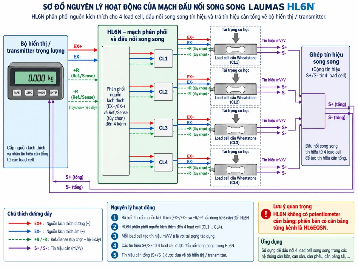 Sơ đồ nguyên lý hoạt động của Laumas HL6N trên nền trắng, bố cục ngang, chú thích tiếng Việt. Bên trái là khối “Bộ hiển thị / transmitter trọng lượng” phát nguồn excitation EX+/EX- và nhận tín hiệu tổng S+/S-; nếu sử dụng hệ 6 dây thể hiện thêm +R/-R Ref./Sense. Ở giữa là khối “HL6N – mạch phân phối và đấu nối song song”, từ đó excitation được chia thành 4 nhánh CL1, CL2, CL3, CL4. Bên phải mỗi nhánh gồm “Tải trọng cơ học” → “Load cell cầu Wheatstone” → “Tín hiệu mV/V”. Các tín hiệu +S/-S của bốn load cell đi vào khối “Ghép tín hiệu song song”, sau đó tạo thành tín hiệu tổng S+/S- trở lại bộ hiển thị/transmitter. Thể hiện đường +R/-R Ref./Sense hồi tiếp khi dùng cấu hình 6 dây. Dùng mũi tên rõ chiều cho excitation, tải trọng, tín hiệu mV/V và tín hiệu tổng. Ghi chú nổi bật “HL6N không có potentiometer cân bằng; phiên bản có cân bằng từng kênh là HL6EQSN”.