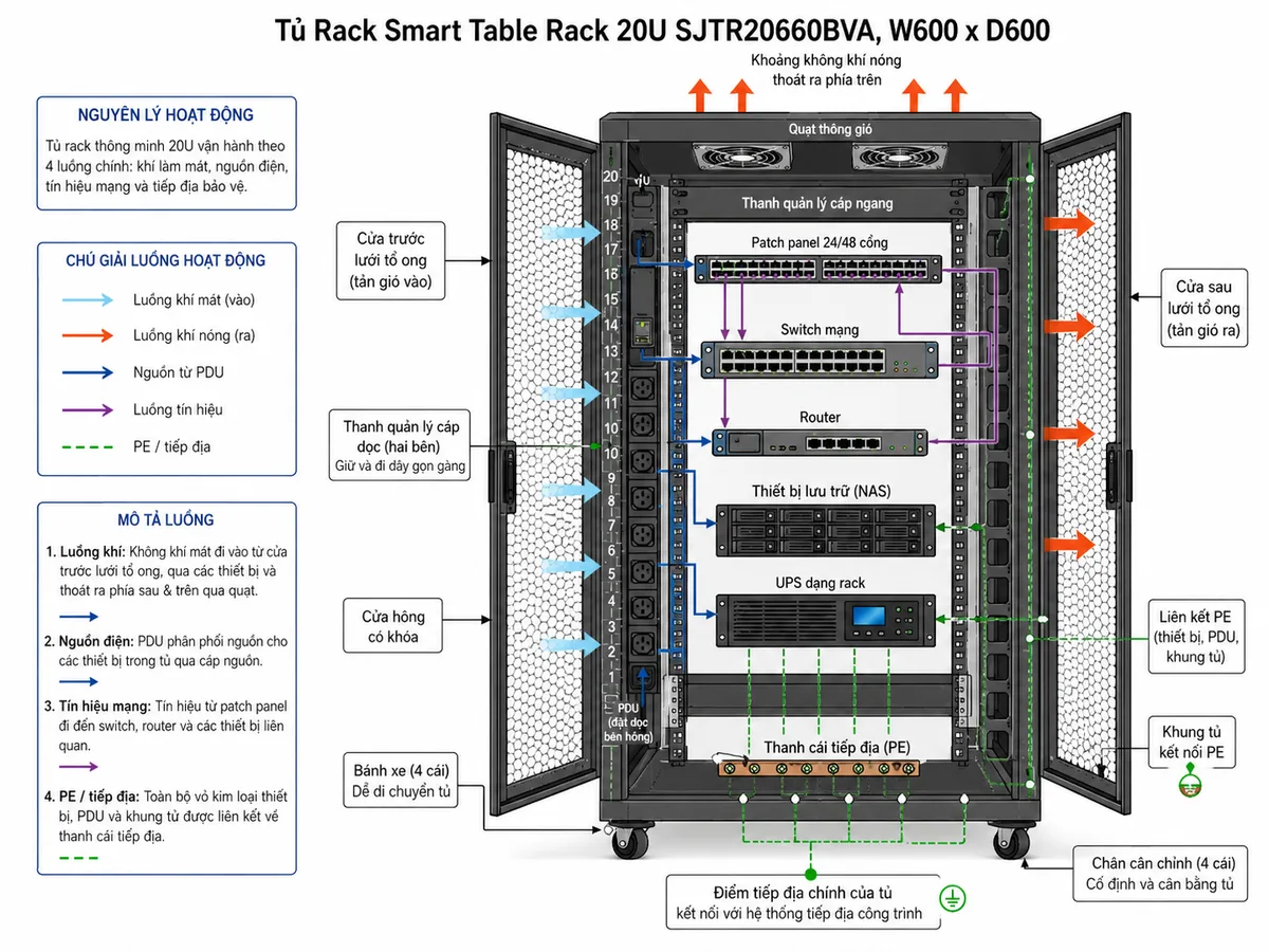Sơ đồ nguyên lý hoạt động Tủ Rack Smart Table Rack 20U Legrand SJTR20660BVA W600 x D600, bố cục ngang nền trắng; thể hiện khung tủ và thanh rack 19 inch chia theo từng U, cửa trước và cửa sau dạng lưới tổ ong, switch, router, patch panel, thiết bị lưu trữ, UPS rack, PDU, thanh quản lý cáp, quạt thông gió theo cấu hình, cửa hông có khóa, bánh xe và chân cân chỉnh; dùng mũi tên mô tả luồng khí mát đi vào, đi qua thiết bị, hấp thụ nhiệt và thoát khí nóng; đồng thời thể hiện luồng nguồn từ PDU đến thiết bị, luồng tín hiệu qua patch panel và switch, cùng đường PE liên kết PDU, khung tủ và vỏ kim loại thiết bị