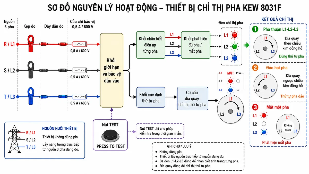 Vẽ sơ đồ nguyên lý hoạt động của thiết bị chỉ thị pha KYORITSU KEW 8031F trên nền trắng, nhãn tiếng Việt; thể hiện ba đầu vào R/L1, S/L2, T/L3 đi qua kẹp đo, dây dẫn và các cầu chì bảo vệ 0,5 A/600 V; tiếp theo là khối giới hạn và bảo vệ đầu vào, khối nhận biết điện áp từng pha, khối phát hiện đủ pha hoặc mất pha điều khiển ba đèn L1-L2-L3; đồng thời đưa tín hiệu ba pha vào khối xác định thứ tự pha và cơ cấu đĩa quay; thể hiện kết quả pha thuận L1-L2-L3 làm đĩa quay theo chiều kim đồng hồ, đảo hai pha làm đĩa quay ngược chiều kim đồng hồ, mất một pha làm đèn tương ứng tắt và đĩa không quay; thêm nút nhấn TEST điều khiển thời gian hoạt động và chú thích thiết bị không dùng pin, lấy năng lượng từ nguồn đang đo