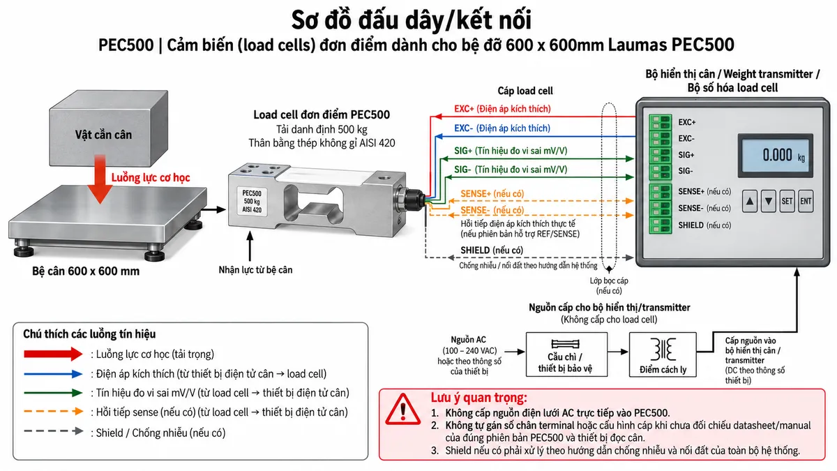 Vẽ sơ đồ nguyên lý hoạt động dạng khối cho Laumas PEC500 trên nền trắng, bố cục ngang. Bắt đầu từ vật cần cân hoặc tải trọng cơ học tác động xuống bệ cân 600 x 600 mm; lực truyền tới load cell single-point PEC500 tải danh định 500 kg. Bên trong cảm biến thể hiện phần tử đàn hồi bằng thép không gỉ AISI 420 và bốn strain gauge mắc thành cầu Wheatstone. Từ bộ hiển thị cân hoặc weight transmitter vẽ EXC+/EXC- cấp điện áp kích thích vào cầu đo; nếu cấu hình PEC500 thực tế có REF/SENSE thì vẽ SENSE+/SENSE- hồi tiếp điện áp kích thích thực tế về thiết bị đọc. Khi tải tác động, phần tử đàn hồi biến dạng làm điện trở strain gauge thay đổi và tạo tín hiệu vi sai SIG+/SIG- dạng mV/V. Tín hiệu tiếp tục qua các khối khuếch đại và lọc, chuyển đổi A/D, hiệu chuẩn, Zero/Tare, tính toán trọng lượng rồi tới màn hình hiển thị. Nếu bộ điện tử cân hỗ trợ giao tiếp công nghiệp thì thêm nhánh dữ liệu số sau xử lý tới PLC/HMI/SCADA. Phân biệt rõ bằng mũi tên và chú thích tiếng Việt cho luồng lực cơ học, điện áp kích thích, hồi tiếp sense nếu có, tín hiệu đo mV/V và dữ liệu số sau xử lý.