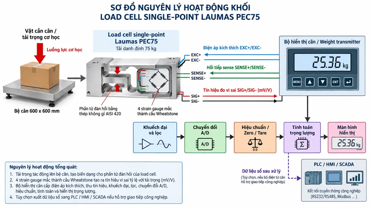 Vẽ sơ đồ đấu dây/kết nối kỹ thuật cho cảm biến load cell đơn điểm Laumas ATL1000 trên nền trắng, bố cục ngang. Bên trái thể hiện vật cần cân tác động xuống bệ cân 1200 x 1200 mm; lực truyền tới load cell single-point ATL1000 tải danh định 1000 kg, phần tử đàn hồi bằng hợp kim nhôm ở giữa. Từ ATL1000 vẽ cáp dài 3 m, đường kính 6 mm, gồm 6 lõi 0,20 mm² sang bộ hiển thị cân, weight transmitter hoặc bộ số hóa load cell tương thích ở bên phải. Thể hiện rõ EXC+/EXC- theo chiều từ thiết bị điện tử cân tới load cell để cấp điện áp kích thích; SIG+/SIG- theo chiều từ load cell về thiết bị xử lý để truyền tín hiệu vi sai mV/V; REF/SENSE hoặc SENSE+/SENSE- hồi tiếp điện áp kích thích thực tế về thiết bị đọc. Không tự gán số chân terminal mà phải đối chiếu manual của đúng thiết bị đọc cân và datasheet ATL1000. Nếu cáp có shield thì thể hiện shield và ghi chú xử lý theo hướng dẫn chống nhiễu, nối đất của toàn bộ hệ thống. Vẽ riêng nguồn cấp phù hợp cho bộ hiển thị hoặc transmitter đi qua cầu chì hoặc thiết bị bảo vệ và điểm cách ly. Ghi rõ không cấp nguồn điện lưới AC trực tiếp vào ATL1000. Dùng mũi tên và chú thích tiếng Việt để phân biệt luồng lực cơ học, điện áp kích thích, tín hiệu đo mV/V, hồi tiếp sense và shield.