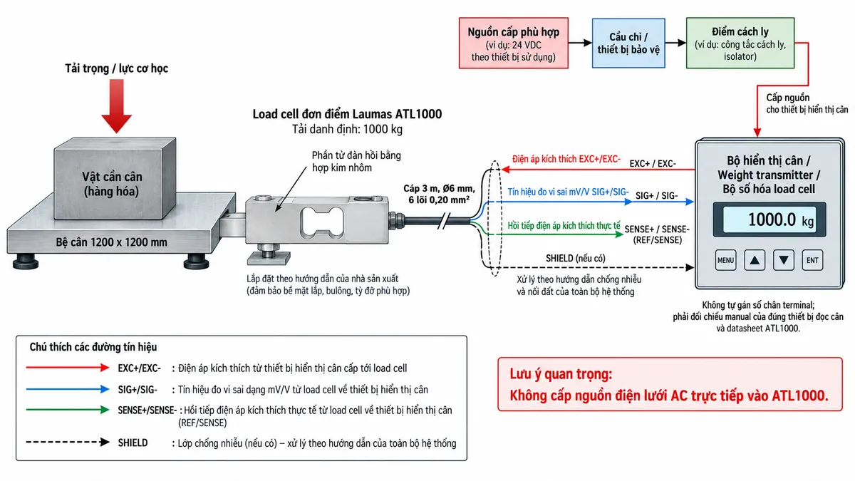 Vẽ sơ đồ nguyên lý hoạt động dạng khối cho Laumas ATL1000 trên nền trắng, bố cục ngang. Bắt đầu từ vật cần cân hoặc tải trọng cơ học tác động xuống bệ cân 1200 x 1200 mm; lực truyền tới load cell single-point ATL1000 tải danh định 1000 kg. Bên trong cảm biến thể hiện phần tử đàn hồi bằng hợp kim nhôm và bốn strain gauge mắc thành cầu Wheatstone. Từ bộ hiển thị cân hoặc weight transmitter vẽ EXC+/EXC- cấp điện áp kích thích vào cầu đo và REF/SENSE hoặc SENSE+/SENSE- hồi tiếp điện áp kích thích thực tế về thiết bị đọc. Khi tải tác động, phần tử đàn hồi biến dạng làm điện trở strain gauge thay đổi và tạo tín hiệu vi sai SIG+/SIG- dạng mV/V. Tín hiệu tiếp tục qua khối khuếch đại và lọc, chuyển đổi A/D, hiệu chuẩn, Zero/Tare, tính toán trọng lượng rồi tới màn hình hiển thị. Nếu thiết bị điện tử cân hỗ trợ giao tiếp công nghiệp thì thêm nhánh dữ liệu số sau xử lý tới PLC/HMI/SCADA. Phân biệt rõ bằng mũi tên và chú thích tiếng Việt cho luồng lực cơ học, điện áp kích thích, hồi tiếp sense, tín hiệu đo mV/V và dữ liệu số sau xử lý.