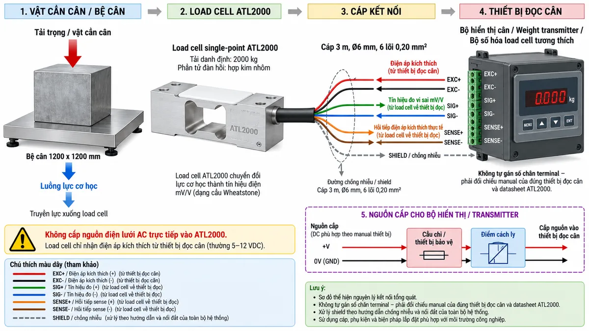 Vẽ sơ đồ đấu dây/kết nối kỹ thuật cho cảm biến load cell đơn điểm Laumas ATL2000 trên nền trắng, bố cục ngang. Bên trái thể hiện vật cần cân tác động xuống bệ cân 1200 x 1200 mm; lực truyền tới load cell single-point ATL2000 tải danh định 2000 kg, phần tử đàn hồi bằng hợp kim nhôm ở giữa. Từ ATL2000 vẽ cáp dài 3 m, đường kính 6 mm, gồm 6 lõi 0,20 mm² sang bộ hiển thị cân, weight transmitter hoặc bộ số hóa load cell tương thích ở bên phải. Thể hiện rõ EXC+/EXC- theo chiều từ thiết bị điện tử cân tới load cell để cấp điện áp kích thích; SIG+/SIG- theo chiều từ load cell về thiết bị xử lý để truyền tín hiệu vi sai mV/V; REF/SENSE hoặc SENSE+/SENSE- hồi tiếp điện áp kích thích thực tế về thiết bị đọc tương thích. Không tự gán số chân terminal; ghi chú phải đối chiếu manual của đúng thiết bị đọc cân và datasheet ATL2000. Nếu cáp có shield theo đúng cấu hình thực tế thì thể hiện shield và hướng xử lý chống nhiễu, nối đất theo toàn bộ hệ thống. Vẽ riêng nguồn cấp phù hợp cho bộ hiển thị hoặc transmitter qua cầu chì hoặc thiết bị bảo vệ và điểm cách ly. Ghi rõ không cấp nguồn điện lưới AC trực tiếp vào ATL2000. Dùng mũi tên và chú thích tiếng Việt để phân biệt luồng lực cơ học, điện áp kích thích, tín hiệu đo mV/V, hồi tiếp sense và đường chống nhiễu.