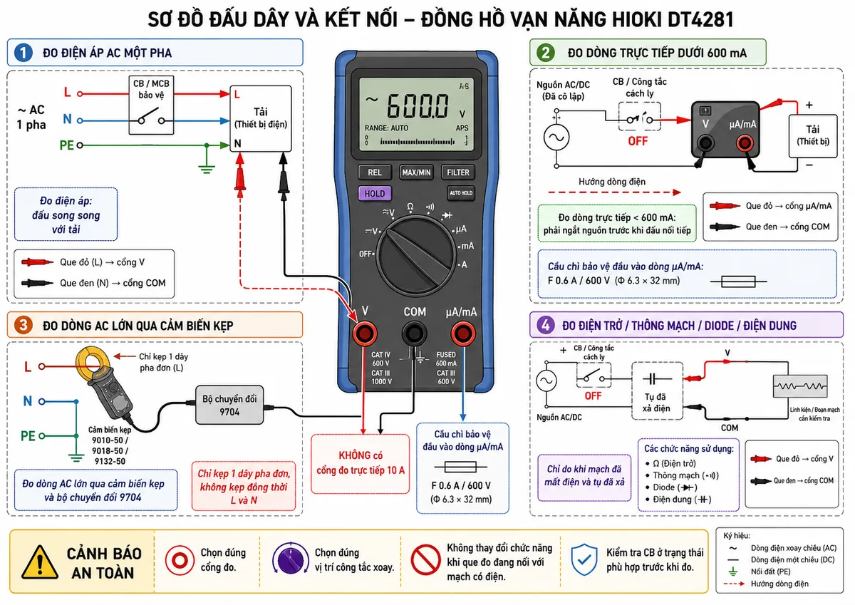Vẽ sơ đồ đấu dây và kết nối của Đồng hồ vạn năng HIOKI DT4281, nền trắng, bố cục ngang, nhãn tiếng Việt, phong cách kỹ thuật điện công nghiệp. Thể hiện nguồn điện AC một pha gồm L, N và PE đi qua CB hoặc MCB bảo vệ đến tải; nhánh đo điện áp dùng que đỏ L9300 cắm cổng V và que đen cắm cổng COM, hai que đặt song song tại hai đầu tải; nhánh đo dòng trực tiếp dưới 600 mA thể hiện nguồn đã cô lập trước khi đấu, đồng hồ nối tiếp với tải qua cổng µA/mA và COM, có cầu chì bảo vệ đầu vào; nhánh đo dòng AC lớn thể hiện cảm biến kẹp 9010-50, 9018-50 hoặc 9132-50 kẹp quanh một dây pha đơn và kết nối với DT4281 qua bộ chuyển đổi 9704; thể hiện rõ DT4281 không có cổng đo trực tiếp 10 A; thêm nhánh đo điện trở, thông mạch, diode và điện dung khi CB ở trạng thái OFF, tải đã tách nguồn và tụ điện đã xả; dùng mũi tên chỉ luồng kết nối, ghi cảnh báo chọn đúng cổng đo, đúng vị trí công tắc xoay và không thay đổi chức năng khi que đo đang nối với mạch có điện.