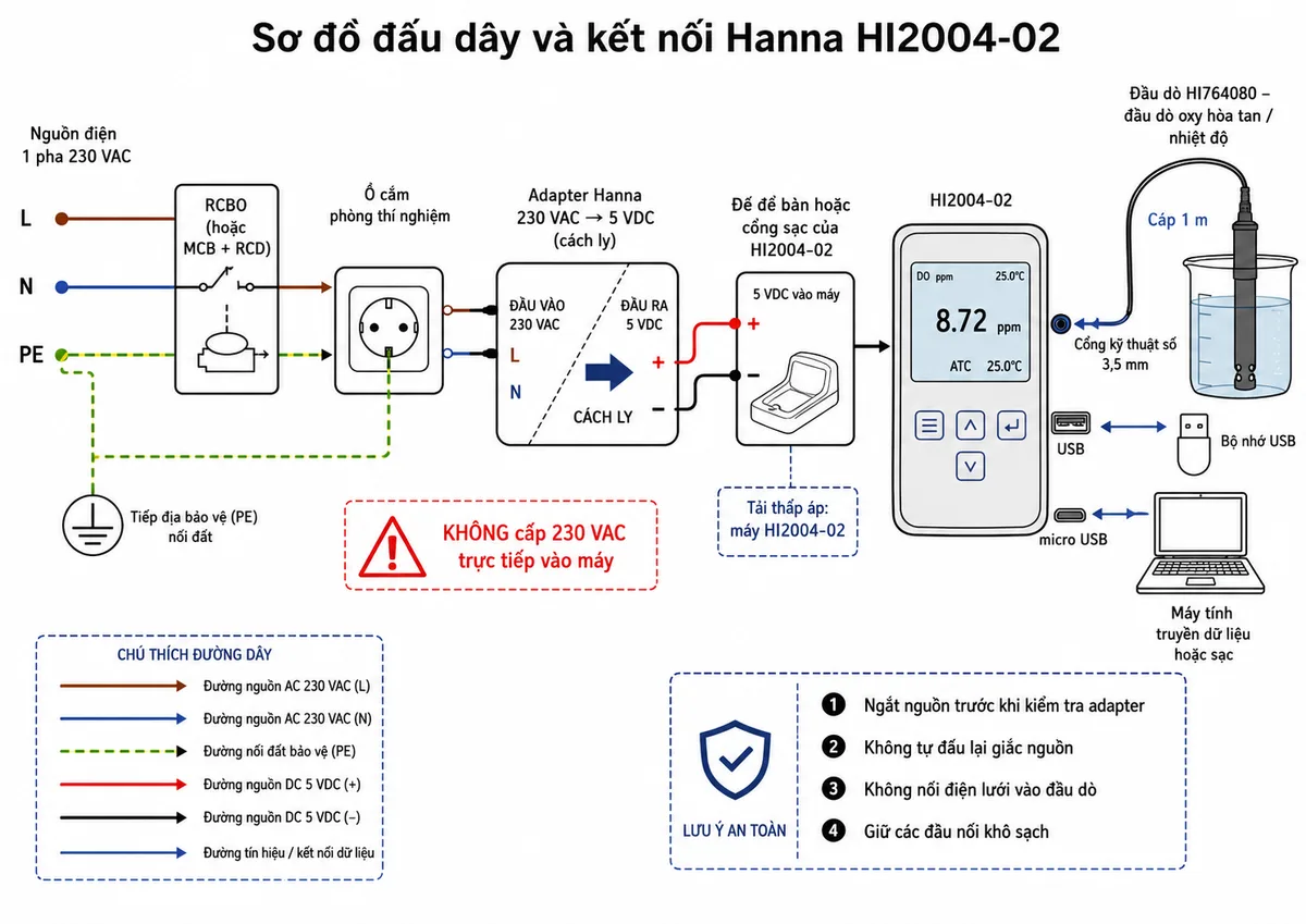 Vẽ sơ đồ đấu dây và kết nối của Hanna HI2004-02 trên nền trắng, bố cục ngang. Thể hiện nguồn điện 1 pha 230 VAC gồm các dây L, N và PE đi qua RCBO hoặc MCB kết hợp RCD đến ổ cắm phòng thí nghiệm; PE nối đất bảo vệ tại ổ cắm. Từ ổ cắm, adapter Hanna nhận L và N, chuyển đổi cách ly thành đầu ra 5 VDC với cực dương và cực âm theo đầu nối nguyên bản của hãng để cấp cho đế để bàn hoặc cổng sạc của HI2004-02; ghi rõ tải thấp áp là máy HI2004-02, không cấp 230 VAC trực tiếp vào máy. Thể hiện đầu dò oxy hòa tan và nhiệt độ HI764080 nối vào cổng kỹ thuật số 3,5 mm bằng cáp 1 m; cổng USB nối bộ nhớ USB và cổng micro USB nối máy tính để truyền dữ liệu hoặc sạc. Thêm cảnh báo ngắt nguồn trước khi kiểm tra adapter, không tự đấu lại giắc nguồn, không nối điện lưới vào đầu dò và giữ các đầu nối khô sạch.