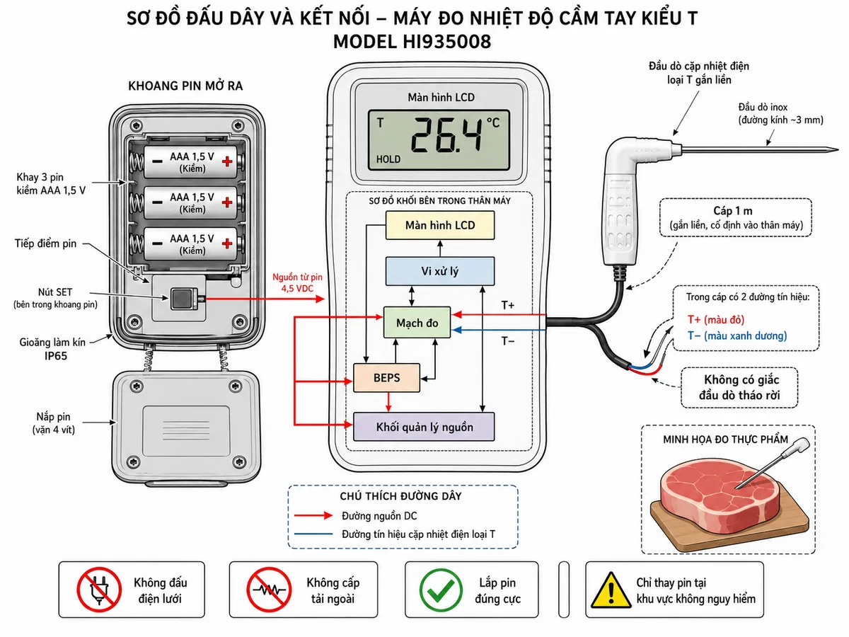 Vẽ sơ đồ đấu dây và kết nối của máy đo nhiệt độ Hanna HI935008 trên nền trắng, bố cục ngang. Bên trái thể hiện khay 3 pin kiềm AAA 1,5 V, đánh dấu rõ cực dương và cực âm theo đúng chiều lắp trong khoang pin; nguồn đi qua tiếp điểm pin, khối quản lý nguồn và hệ thống BEPS rồi cấp cho mạch đo, vi xử lý và màn hình LCD trong thân máy HI935008. Thể hiện nút SET nằm bên trong khoang pin, nắp pin và gioăng làm kín IP65. Bên phải thể hiện đầu dò xuyên thực phẩm cặp nhiệt điện loại T gắn liền, tay cầm màu trắng, cáp dài 1 m và hai đường tín hiệu T+ và T− đi cố định vào thân máy, không có giắc đầu dò tháo rời. Ghi chú rõ thiết bị không đấu điện lưới, không cấp tải ngoài, cần lắp pin đúng cực và chỉ thay pin tại khu vực không nguy hiểm.