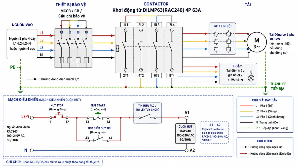 Sơ đồ đấu dây / kết nối khởi động từ Eaton Moeller 167512 DILMP63(RAC240) 4P 63A: thể hiện nguồn 3 pha 4 dây L1-L2-L3-N hoặc nguồn 4 cực đi qua MCCB/CB/cầu chì bảo vệ vào các cực phía trên 1L1, 3L2, 5L3, 7L4; các cực ra phía dưới 2T1, 4T2, 6T3, 8T4 cấp tới tải động cơ 3 pha 18.5kW hoặc tải điện trở/gia nhiệt/chiếu sáng; cuộn hút A1-A2 nhận nguồn điều khiển RAC240 190-240V AC 50/60Hz qua nút STOP thường đóng, nút START thường mở, tiếp điểm duy trì hoặc tín hiệu PLC/rơ le; thể hiện rơ le nhiệt nếu dùng cho động cơ, thanh PE tiếp địa, ký hiệu màu dây, mũi tên luồng điện và ghi chú chọn thiết bị bảo vệ theo dòng tải.