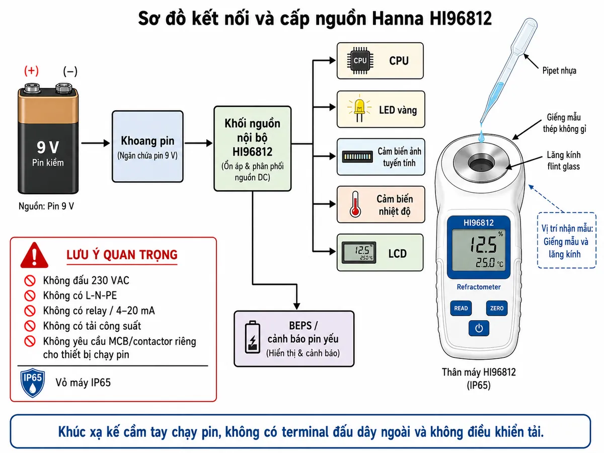 Sơ đồ kết nối và cấp nguồn Hanna HI96812 trên nền trắng, thể hiện rõ đây là khúc xạ kế cầm tay không có terminal đấu dây ngoài và không điều khiển tải: pin 9 V với cực (+)/(−) → khoang pin → khối nguồn nội bộ của HI96812 → CPU, LED vàng, cảm biến ảnh tuyến tính, cảm biến nhiệt độ và LCD; bổ sung khối BEPS/cảnh báo pin yếu. Bên ngoài máy thể hiện giếng mẫu thép không gỉ và lăng kính flint glass là vị trí tiếp nhận mẫu bằng pipet nhựa. Ghi chú rõ: không đấu 230 VAC, không có L-N-PE, không có relay/4–20 mA, không có tải công suất và không yêu cầu MCB/contactor riêng cho thiết bị chạy pin; vỏ máy IP65.