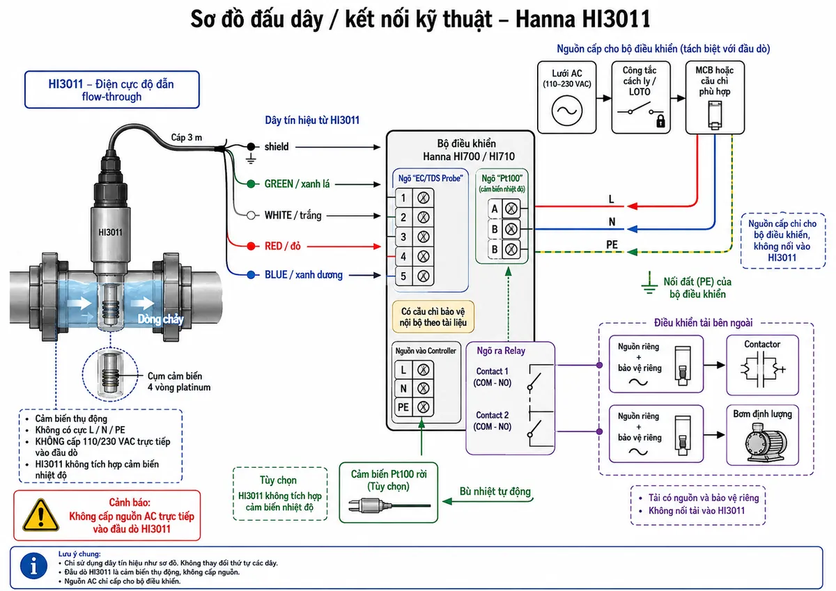 Vẽ sơ đồ đấu dây/kết nối kỹ thuật cho Hanna HI3011 trên nền trắng, bố cục ngang. Bên trái là điện cực độ dẫn flow-through HI3011 với cụm 4 vòng platinum lắp trên đường ống; từ cáp 3 m đi ra 5 đường gồm shield và bốn dây tín hiệu. Nối vào ngõ EC/TDS Probe của bộ điều khiển Hanna HI700/HI710: shield → pin 1, GREEN/xanh lá → pin 2, WHITE/trắng → pin 3, RED/đỏ → pin 4, BLUE/xanh dương → pin 5. Ghi rõ HI3011 là cảm biến thụ động, không có cực L/N/PE và tuyệt đối không cấp 110/230 VAC trực tiếp vào đầu dò. Thể hiện riêng khối nguồn bộ điều khiển: lưới AC → công tắc cách ly/LOTO → MCB hoặc cầu chì phù hợp → L, N và PE của controller; ghi chú controller có cầu chì bảo vệ nội bộ theo tài liệu. Từ Contact 1/Contact 2 relay của controller vẽ nhánh điều khiển contactor hoặc bơm định lượng, tải có nguồn và bảo vệ riêng, không nối tải vào HI3011. Tạo nhánh tùy chọn cảm biến Pt100 rời vào ngõ Pt100 của controller để bù nhiệt tự động; nhấn mạnh HI3011 không tích hợp cảm biến nhiệt độ.