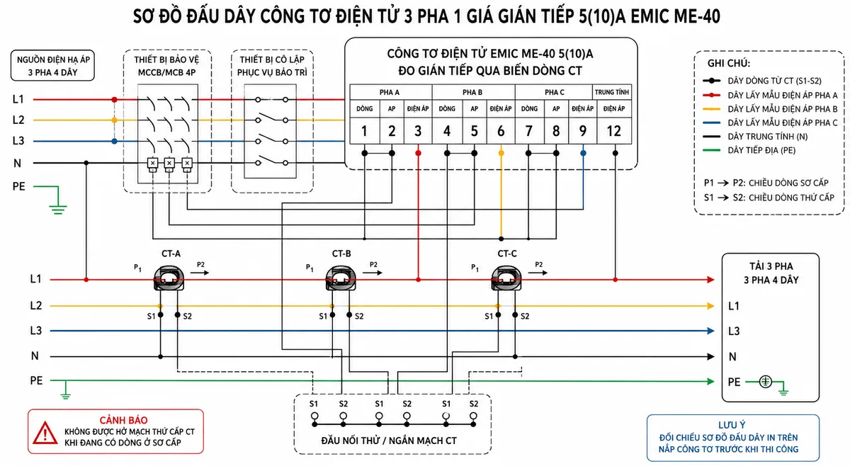 Vẽ sơ đồ đấu dây kỹ thuật trên nền trắng, bố cục ngang cho Công Tơ Điện Tử 3 Pha 1 Giá Gián Tiếp 5(10)A EMIC ME-40. Bên trái thể hiện nguồn điện hạ áp 3 pha 4 dây L1-L2-L3-N và dây PE; bố trí MCCB/MCB 4 cực cùng thiết bị cô lập phục vụ bảo trì trước hệ thống đo. Ba dây pha L1, L2, L3 đi qua ba biến dòng CT-A, CT-B, CT-C rồi tiếp tục cấp tới tải 3 pha; dây N cấp thẳng tới tải và được lấy tín hiệu điện áp cho công tơ; PE đi thẳng từ hệ thống tiếp địa tới tải, không đi qua công tơ. Ở giữa vẽ rõ thân công tơ EMIC ME-40 5(10)A và hàng cực theo sơ đồ chính hãng của phiên bản gián tiếp: nhóm 1-2-3 cho pha A, nhóm 4-5-6 cho pha B, nhóm 7-8-9 cho pha C và cực 12 cho trung tính; thể hiện các cặp dây thứ cấp CT đưa về cực dòng tương ứng và các dây lấy mẫu điện áp từng pha về cực điện áp tương ứng. Ghi rõ chiều P1-P2 của CT theo hướng nguồn tới tải và S1-S2 ở mạch thứ cấp; thể hiện khối đầu nối thử/ngắn mạch CT phục vụ kiểm tra, bảo trì. Có mũi tên chiều cấp điện, nhãn nguồn, tải, CT và cảnh báo không được hở mạch thứ cấp CT khi đang có dòng sơ cấp; ghi chú phải đối chiếu sơ đồ đấu dây in trên nắp công tơ trước khi thi công.