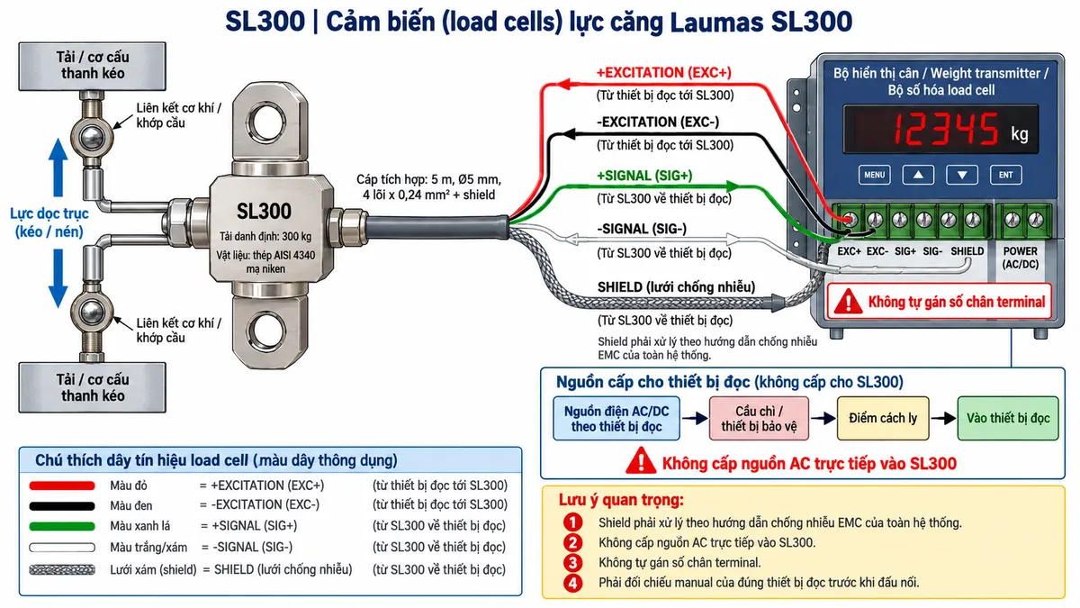 Vẽ sơ đồ đấu dây/kết nối kỹ thuật cho cảm biến lực kéo/nén Laumas SL300 trên nền trắng, bố cục ngang. Bên trái thể hiện tải hoặc cơ cấu thanh kéo truyền lực dọc trục qua hai liên kết cơ khí hoặc khớp cầu phù hợp vào SL300 tải danh định 300 kg. Ở giữa thể hiện SL300 bằng thép AISI 4340 mạ niken và cáp tích hợp dài 5 m, đường kính 5 mm, 4 lõi x 0,24 mm² cùng shield. Từ bộ hiển thị cân/weight transmitter bên phải vẽ +EXCITATION/EXC+ màu đỏ và -EXCITATION/EXC- màu đen đi tới SL300; từ SL300 vẽ +SIGNAL/SIG+ màu xanh lá và -SIGNAL/SIG- màu trắng trở về thiết bị đọc; thể hiện SHIELD riêng và ghi chú xử lý theo hướng dẫn chống nhiễu EMC của toàn hệ thống. Bên phải là bộ hiển thị cân, weight transmitter hoặc bộ số hóa load cell. Vẽ riêng nguồn cấp cho thiết bị đọc đi qua cầu chì hoặc thiết bị bảo vệ và điểm cách ly trước khi vào thiết bị điện tử cân. Ghi chú không cấp nguồn AC trực tiếp vào SL300, không tự gán số chân terminal và phải đối chiếu manual của đúng thiết bị đọc trước khi đấu nối.