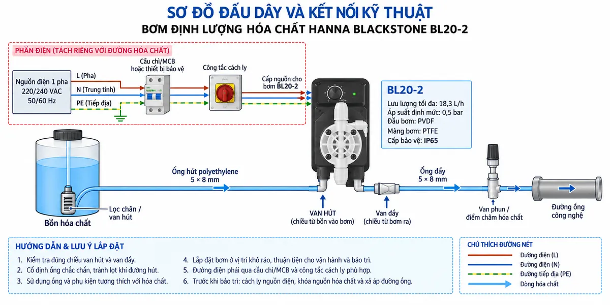 Vẽ sơ đồ đấu dây/kết nối kỹ thuật cho bơm định lượng hóa chất Hanna BlackStone BL20-2 trên nền trắng, bố cục ngang. Phần đường hóa chất thể hiện theo thứ tự “Bồn hóa chất” → “Lọc chân / van hút” → ống hút polyethylene 5 × 8 mm → “Bơm định lượng BL20-2” → “Van đẩy” → ống đẩy → “Van phun / điểm châm hóa chất” → “Đường ống công nghệ”, có mũi tên rõ ràng chỉ chiều dòng hóa chất. Trên bơm ghi BL20-2, lưu lượng tối đa 18,3 L/h, áp suất định mức 0,5 bar, đầu bơm PVDF, màng PTFE và IP65. Phần điện tách riêng hoàn toàn với đường hóa chất: nguồn điện 1 pha 220/240 VAC, 50/60 Hz, thể hiện L, N và PE nếu cấu hình thực tế yêu cầu nối đất → cầu chì/MCB hoặc thiết bị bảo vệ phù hợp → công tắc cách ly → nguồn cấp BL20-2; bơm BL20-2 là tải điện. Không tự gán số chân terminal, pinout hoặc cấu tạo đầu nối khi chưa đối chiếu manual đúng phiên bản. Ghi chú kiểm tra đúng chiều van hút và van đẩy, cố định ống chắc chắn, tránh lọt khí đường hút, sử dụng đường ống và phụ kiện tương thích hóa chất, cách ly nguồn điện, khóa nguồn hóa chất và xả áp trước khi bảo trì.